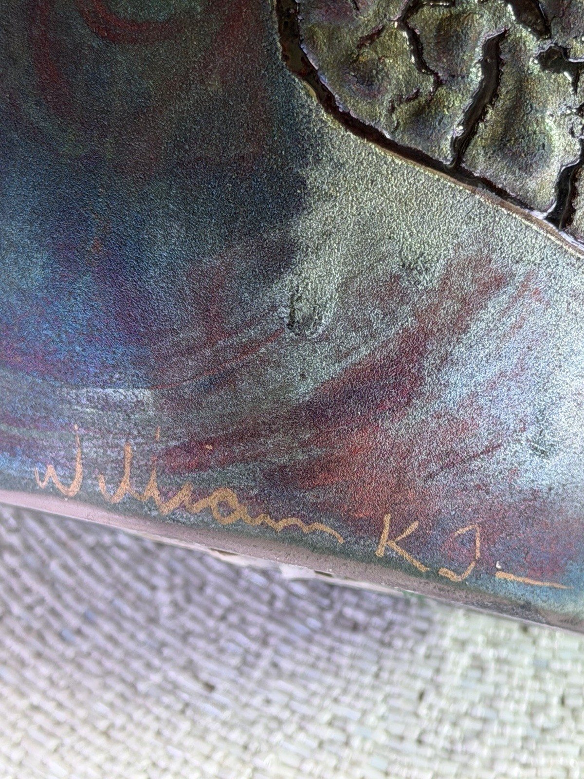 Signed StudioPottery RakuVase KJ Williams Copper MetallicCrackle Sculptural Vase
