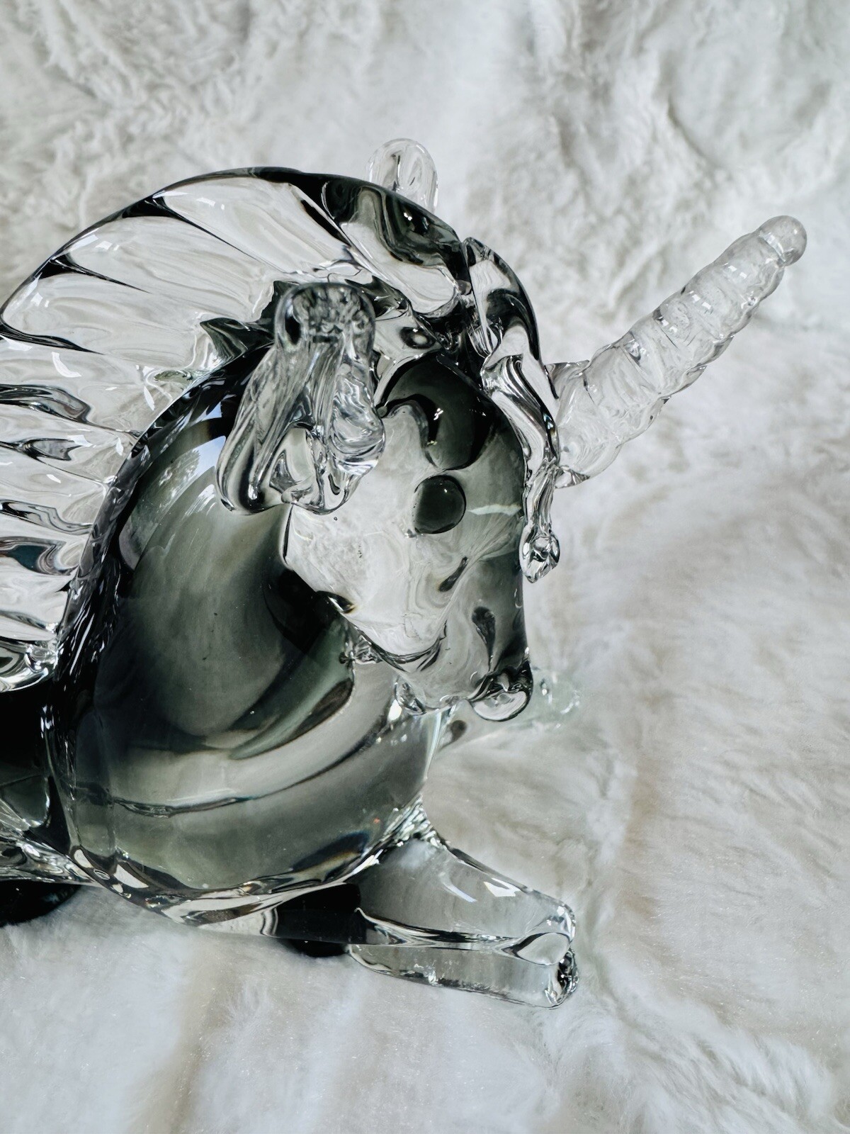 Murano Art Glass Unicorn Seguso Smoke Black Grey Crystal Paperweight