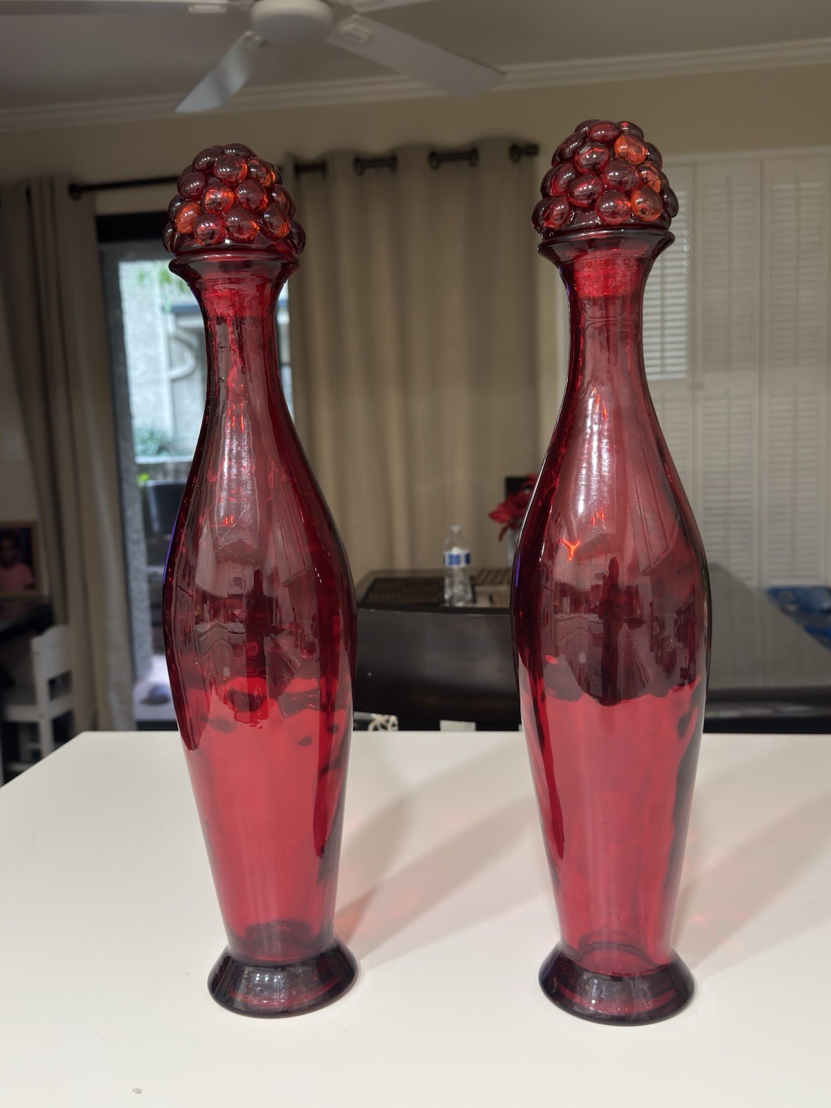 Set Of 2RARE Red Glass Decanter Round Glass Cork Stopper 19″ TALL MADE IN SPAIN