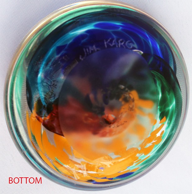 Signed Jim Karg_Art Glass_Paperweight_Blue Yellow Orange Green Swirl 3.5″ Wide