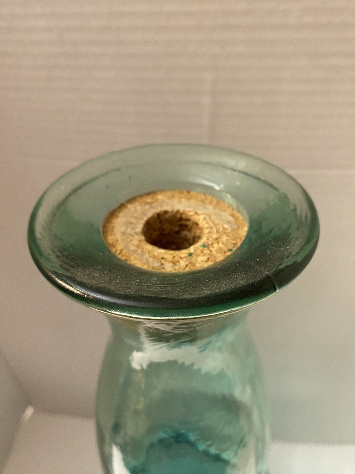 Vintage Green Glass Decanter Bottle with Round Cork Stopper Made In Spain 22.5”T
