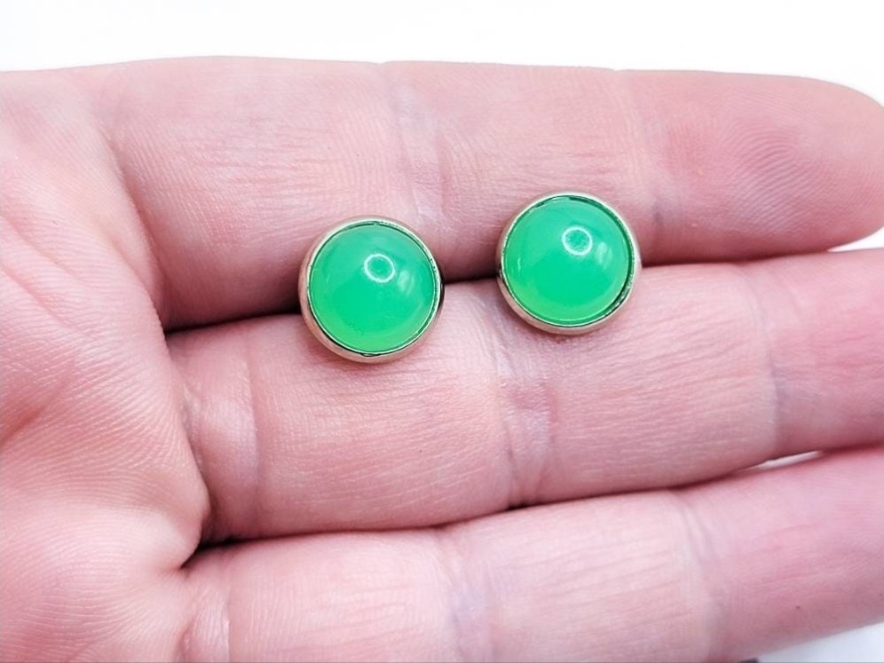 Uranium Glass Stud Earrings 10mm Green Cabochon Stainless Steel