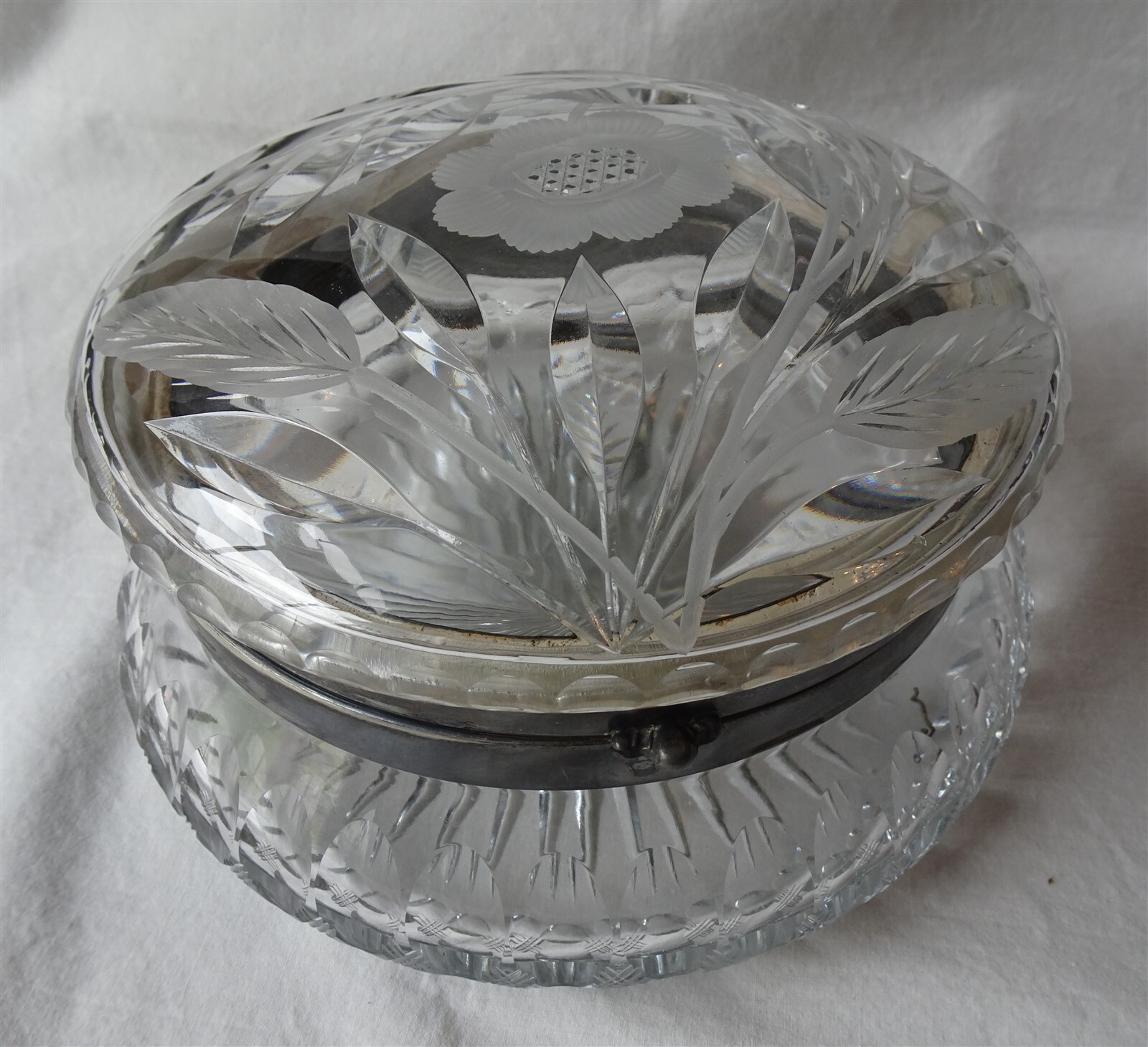 Antique Pairpoint Cut Glass Jewelry Casket / Jewel Box, Silver Plate Rim, as is