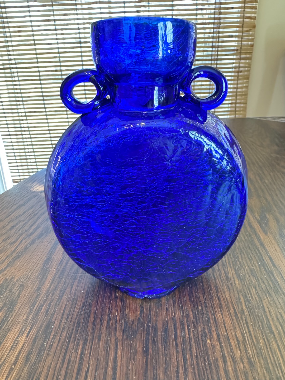 Vintage 6.5″ Cobalt Blue Crackle Glass Art Glass Double Handled Vase