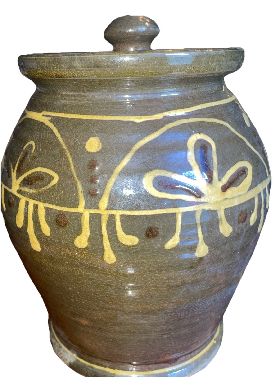 Turtle Creek Pottery Vase Jar Folk Art w/ Lid Glazed SIGNED Jessica Ross 8”