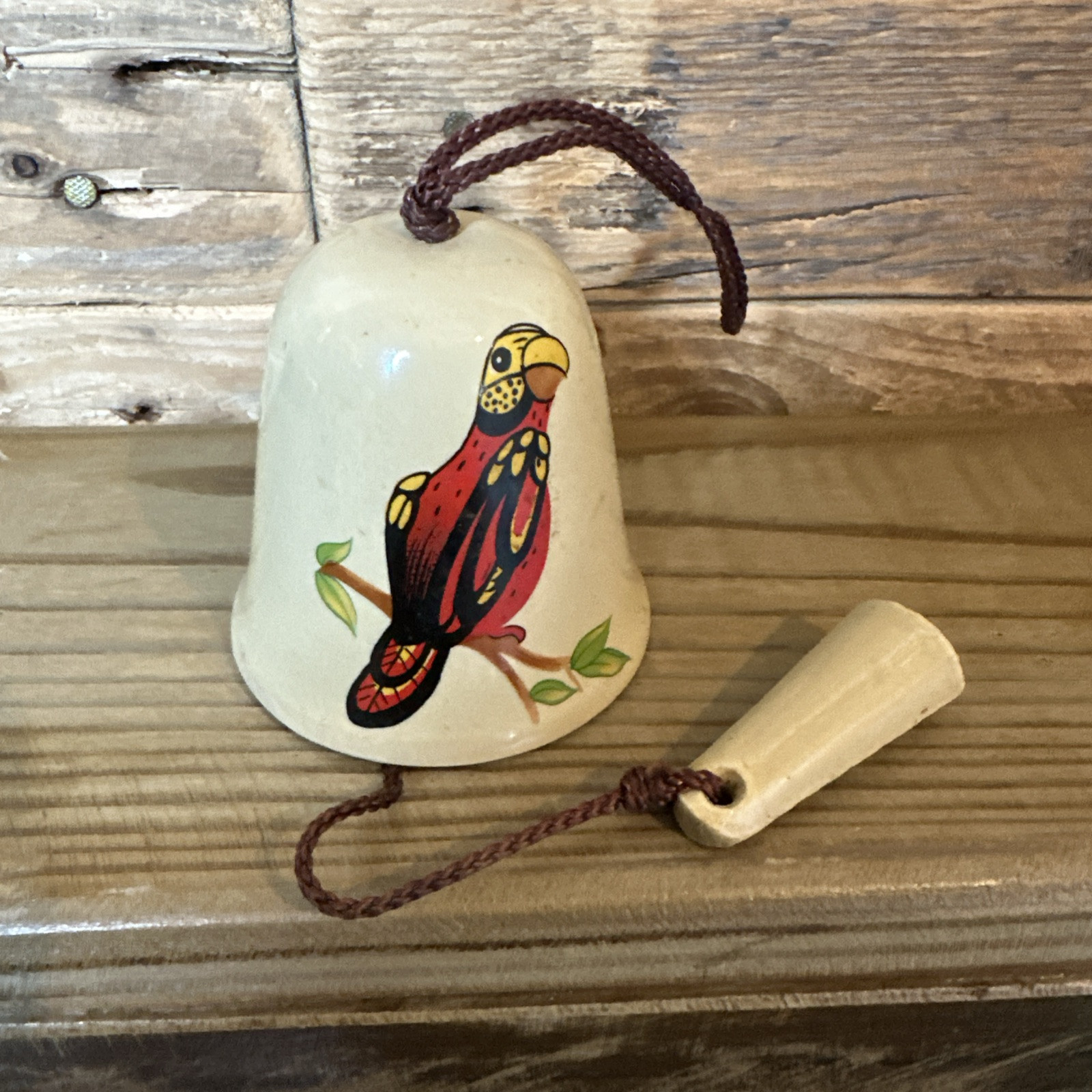 Vtg Pretty Bird On Vine Wind chime Bell Pottery Stoneware Hand Painted Signed