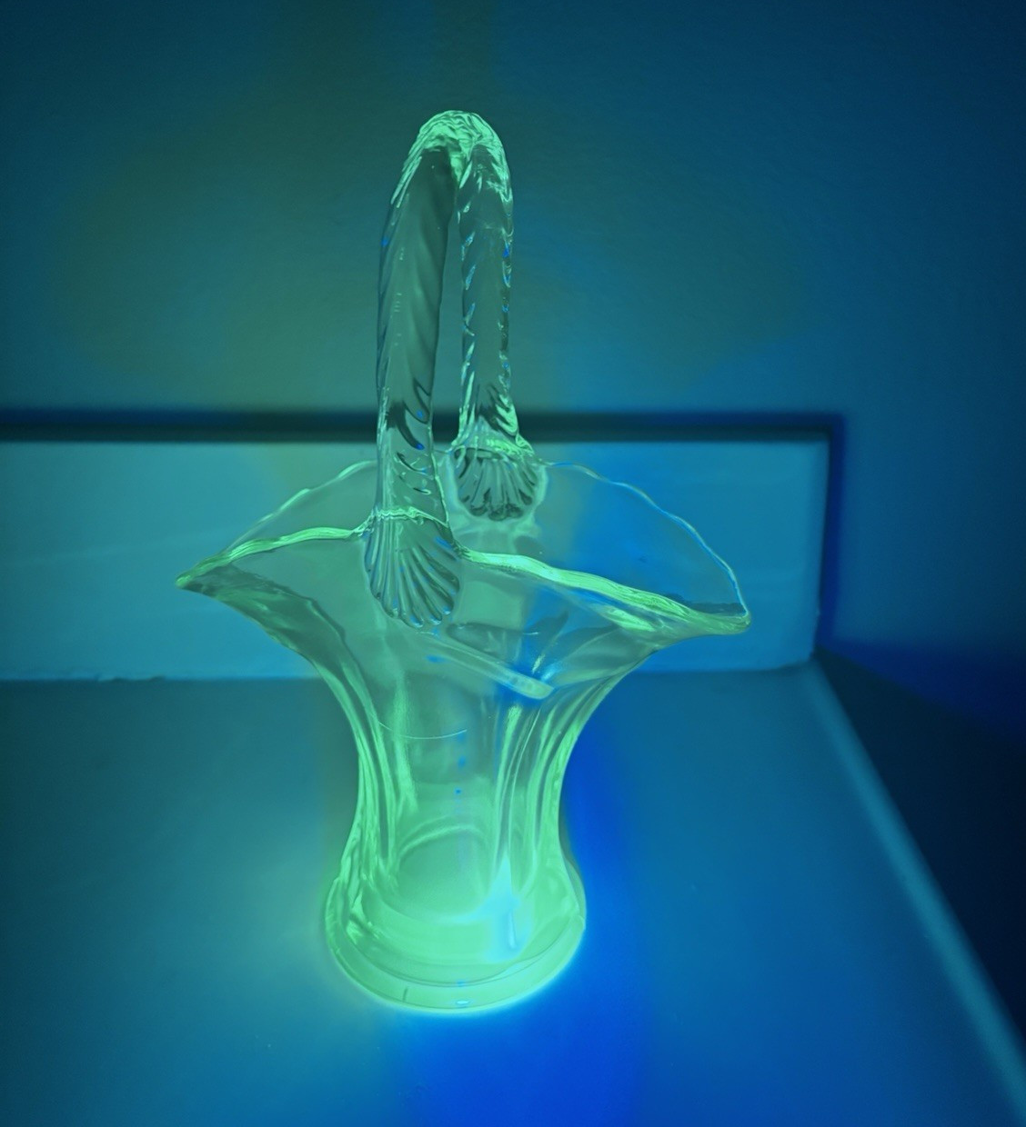 Vintage Uranium Green Glass Decorative Basket with Handle Fluorescent