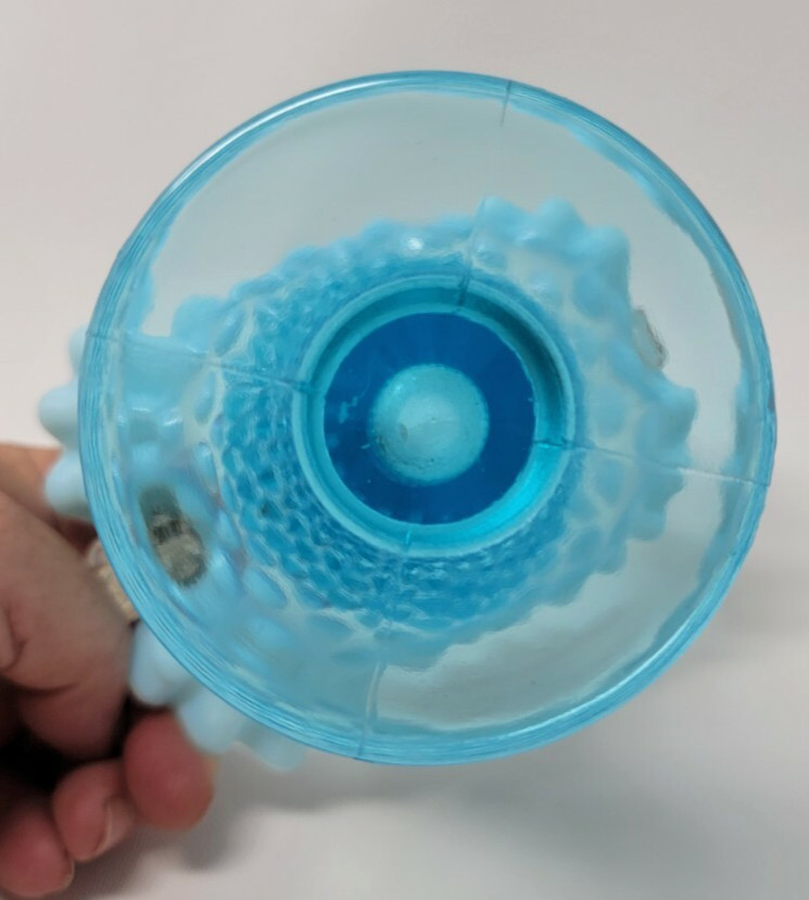 Vintage Fenton Glass Aqua Blue Opalescent 9″ Hobnail Basket