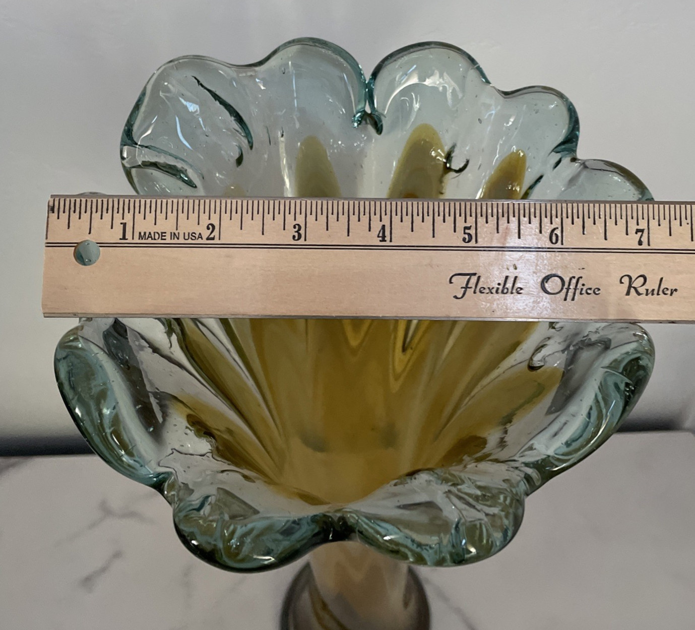 Murano Style Blown Art Glass Vase Venetian Collection Amber Scalloped Top 17″