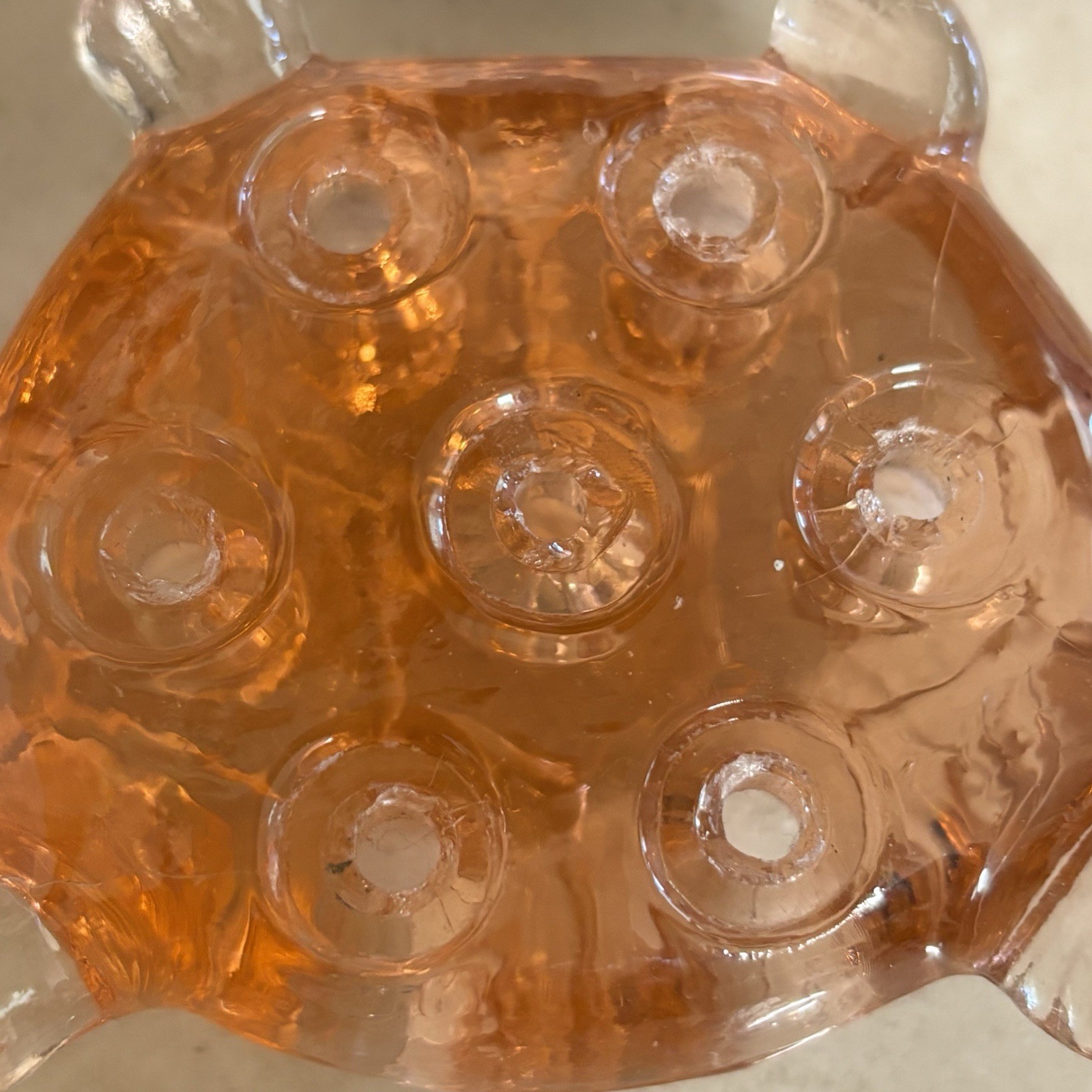 Vintage Glass Turtle ~ Flower Frog ~ Pink Glass ~ 7 Hole ~ 4 3/8”