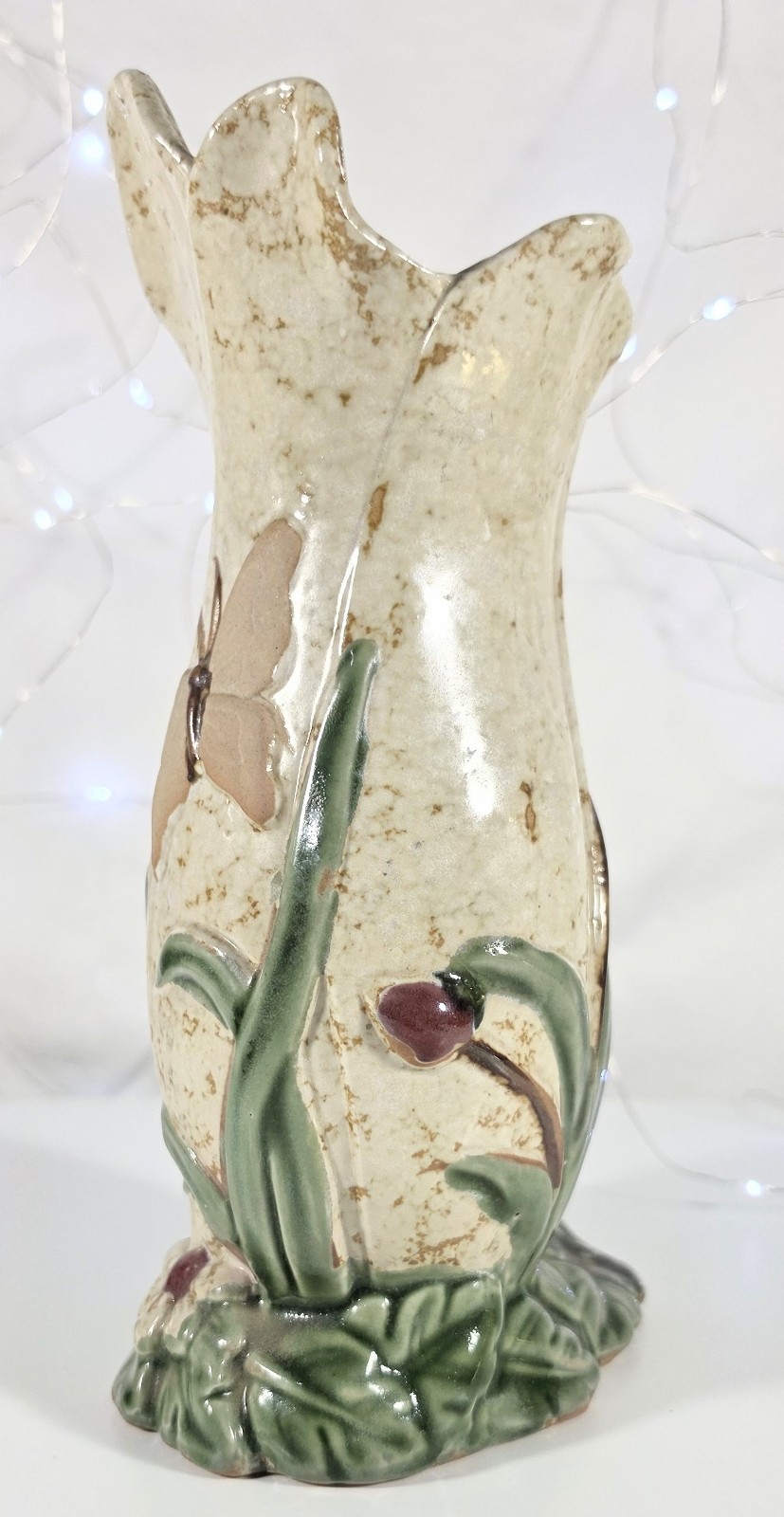 VTG 9″ Ceramic Figural Vase with Fairy Woman and Butterfly Floral Art Pottery