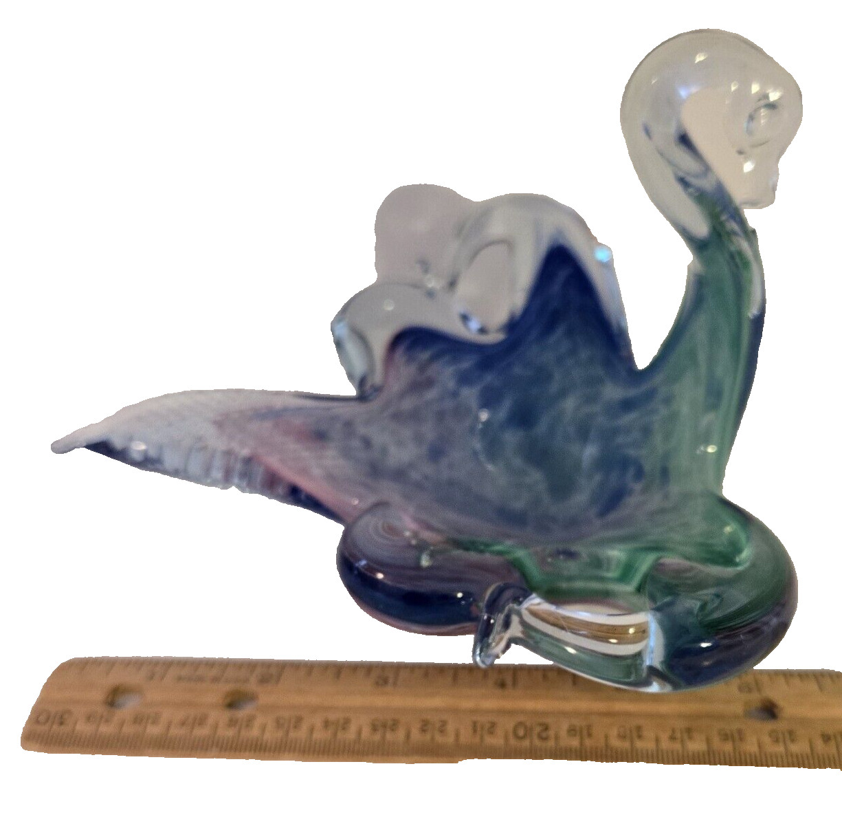 Glass Swan Figurine Art Glass Blue Green Pale Purple Clear H 4.0 In W 6.0 In