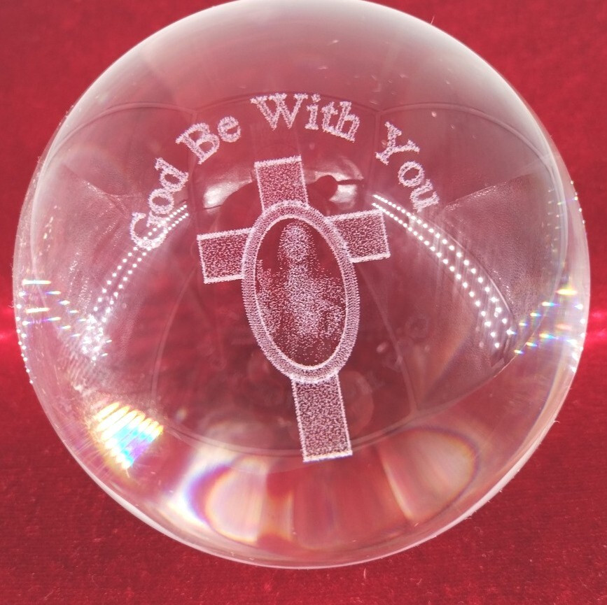Heavy Clear Glass Paperweight Round 3″ X 3″ GOD BE WITH YOU Vintage