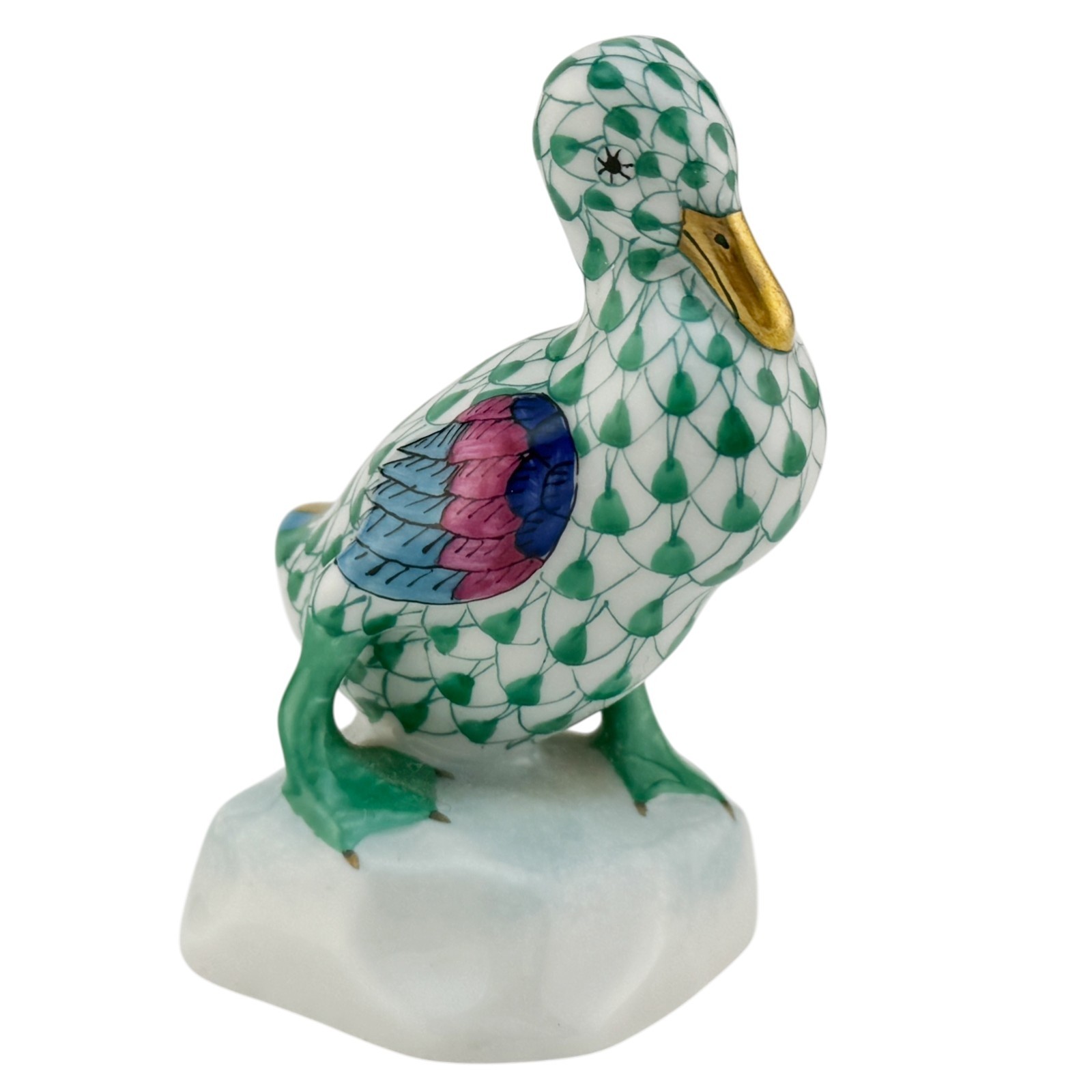 Herend 2 1/2″ Duck on Stand or Rock Figurine 5022 Green Fishnet He’s Mint