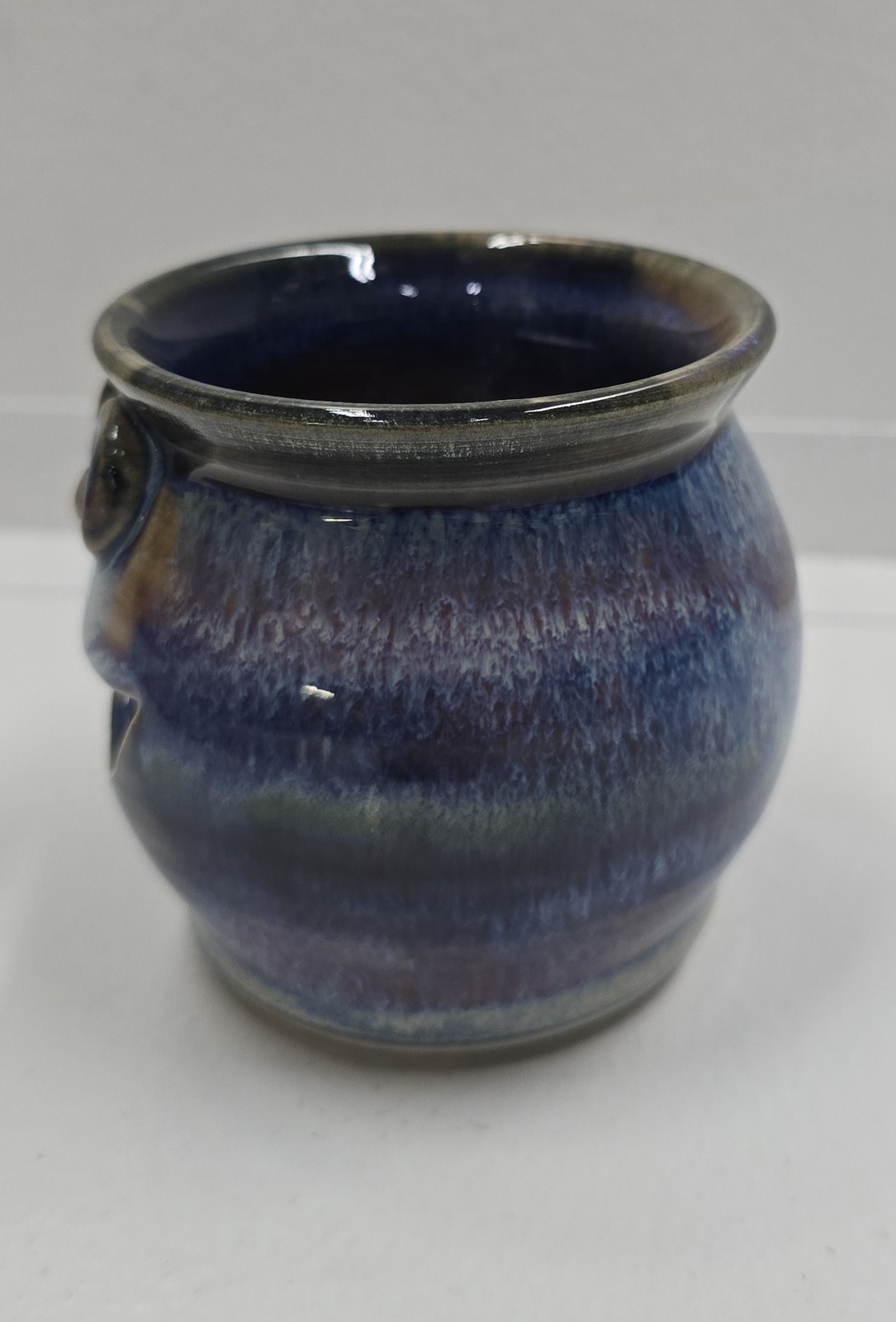 Unique Handmade Pottery Face Planter Pot Blue Purple Drip Glaze Whimsical Decor