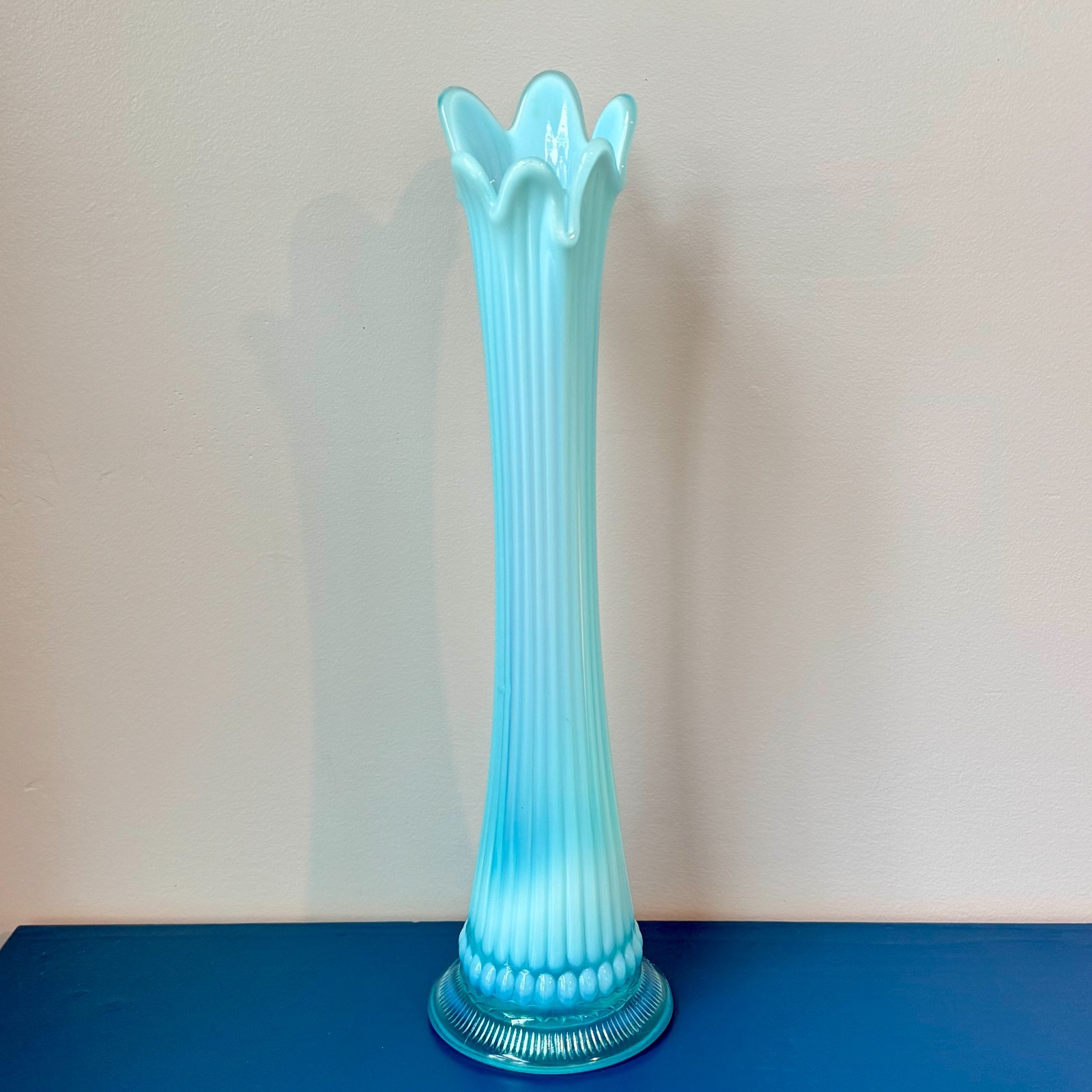 Antique Jefferson Glass Co. Blue Opalescent Swung Vase – 14″T