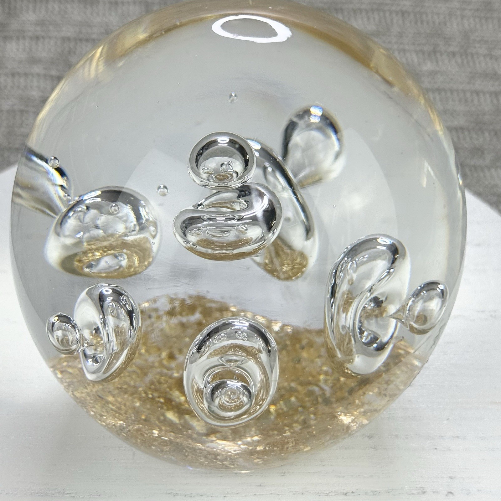 Vintage Paperweight Art Glass 3.5”x3.5” Clear Gold Golden Shimmer Desk Decor