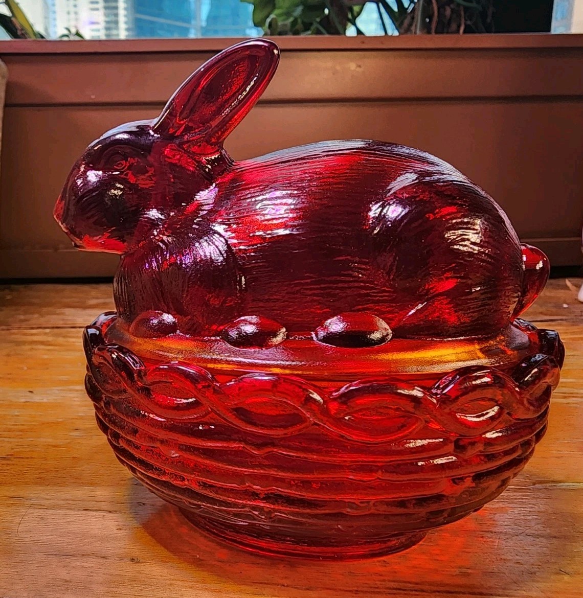 Mosser Ruby Red Covered Glass Bunny On Nest On Nest