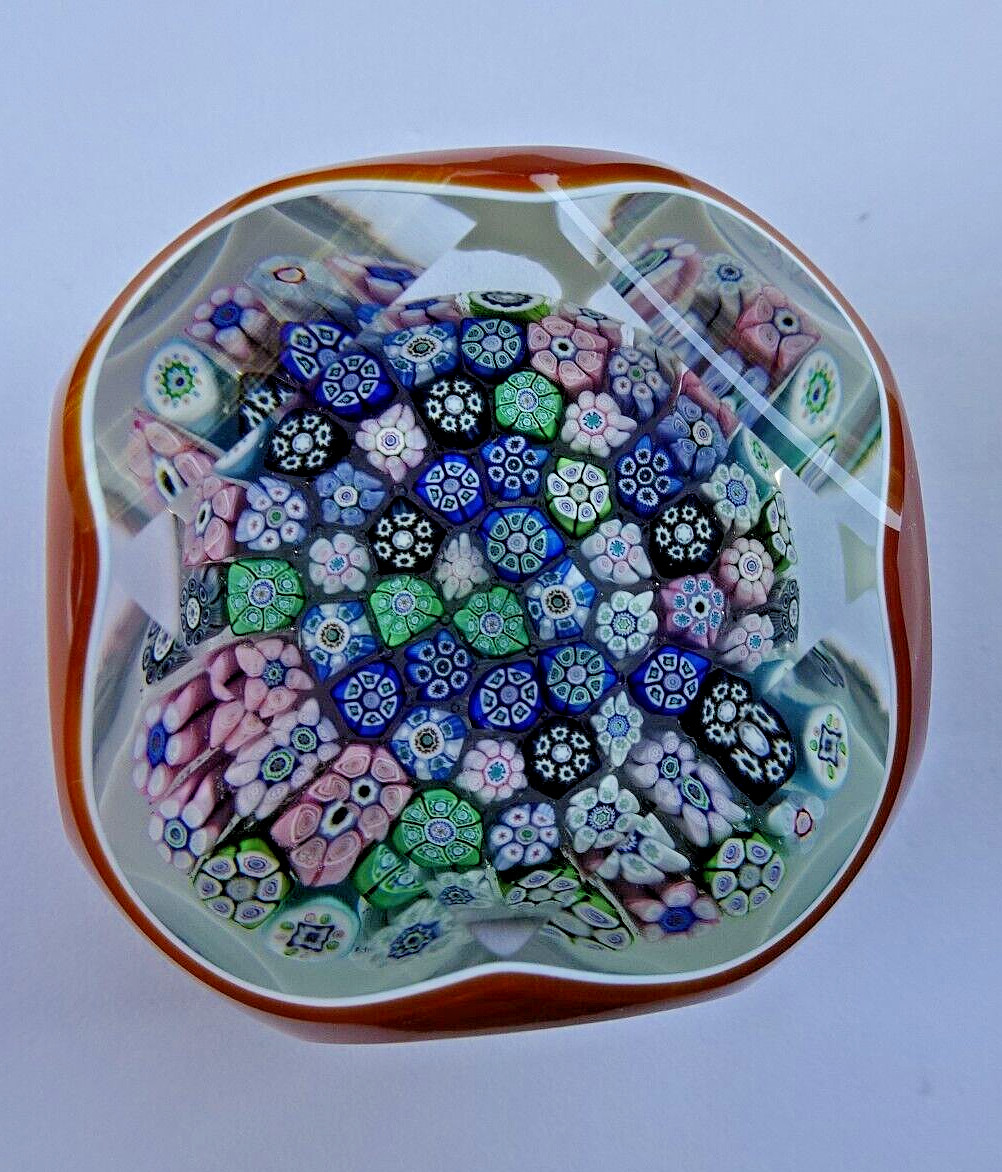 1981H Perthshire Glass Amber Overlay Faceted Millefiori Paperweight Fancy Cut LE