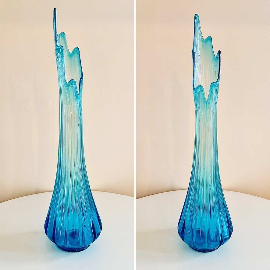 HUGE LE Smith Colonial Blue Swung Glass MCM Floor Vase – 28.25” Tall
