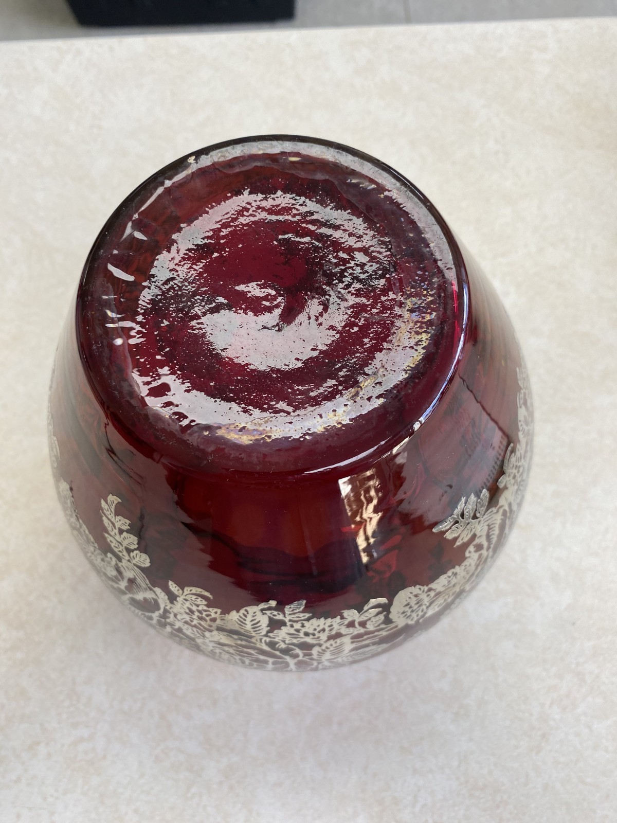 Ruby Red glass 8″ vase with silver overlay Made in USA 1938-1945
