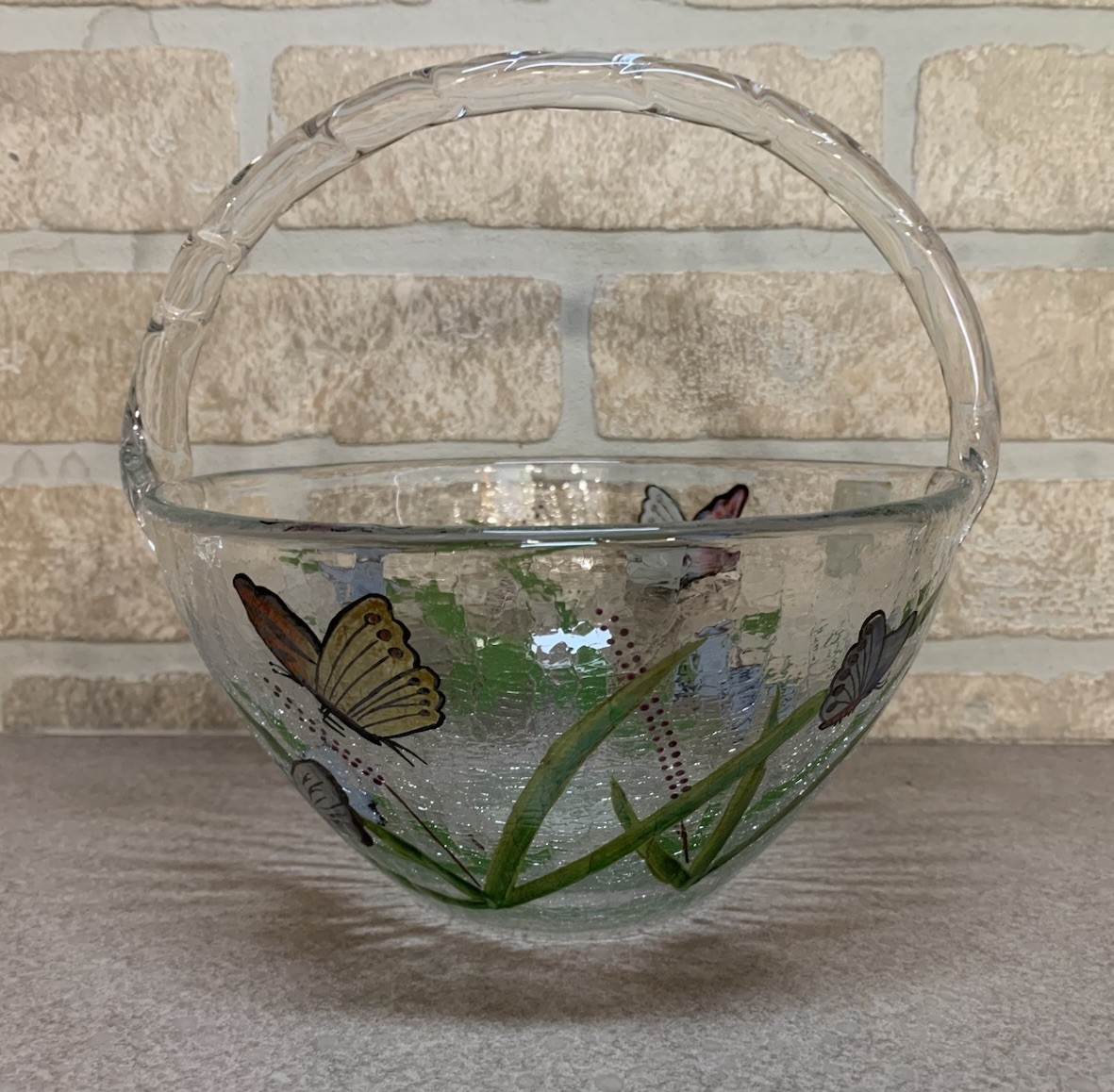 Vintage Fifth Avenue Crystal LTD Romania Crackle Glass Butterfly Basket