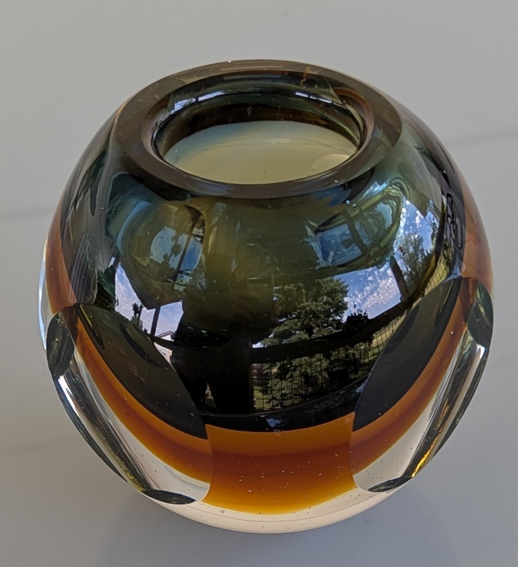 Vintage Murano Sommerso Art Glass Candle Holder Faceted Ball Green Amber Vase