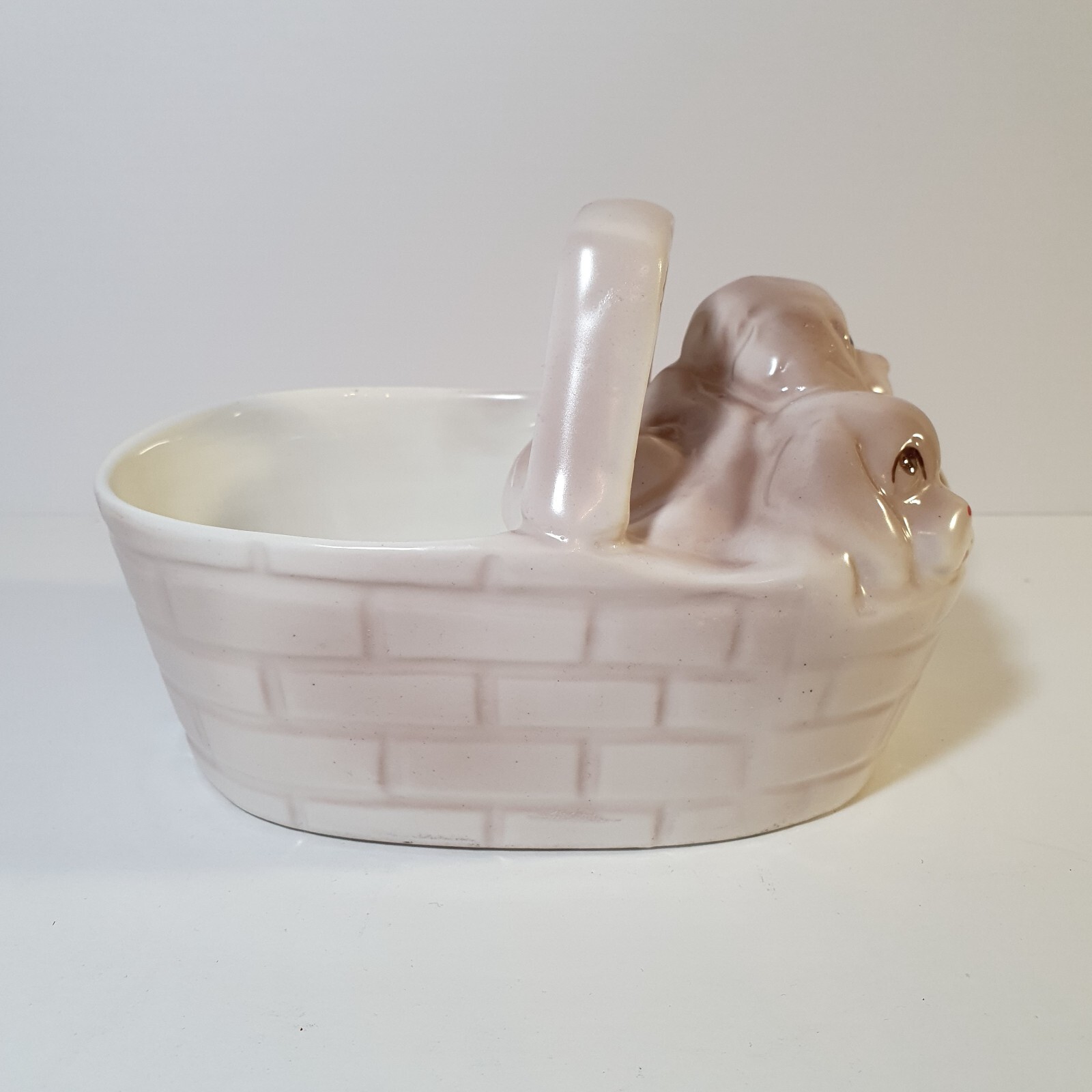 Vintage Puppies in a Basket Planter Hitkari Bone China Dog Planter 6″