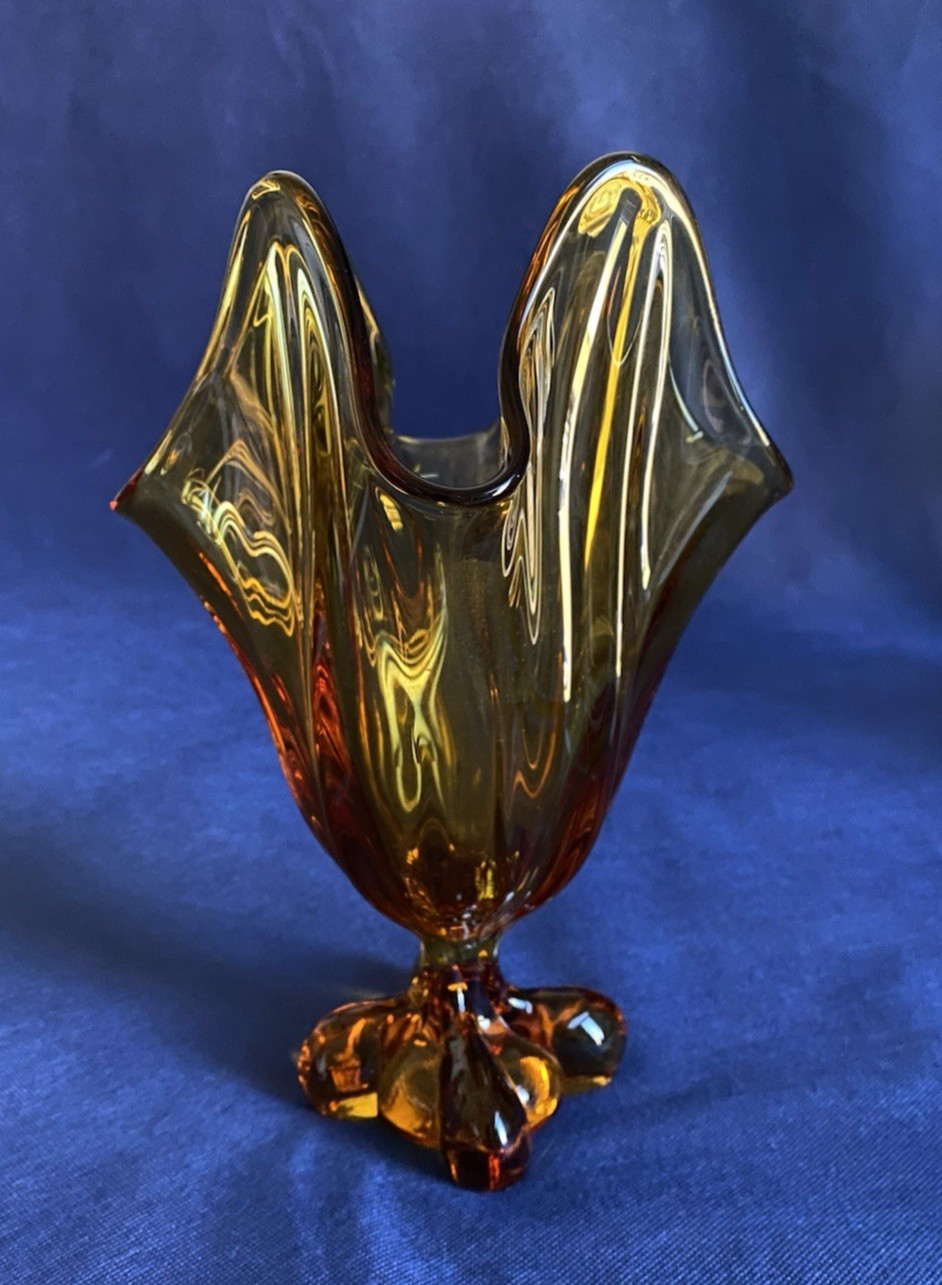 Vintage MCM Viking Amber Swung Glass Vase 10.5″ in Epic 4 Petal Footed