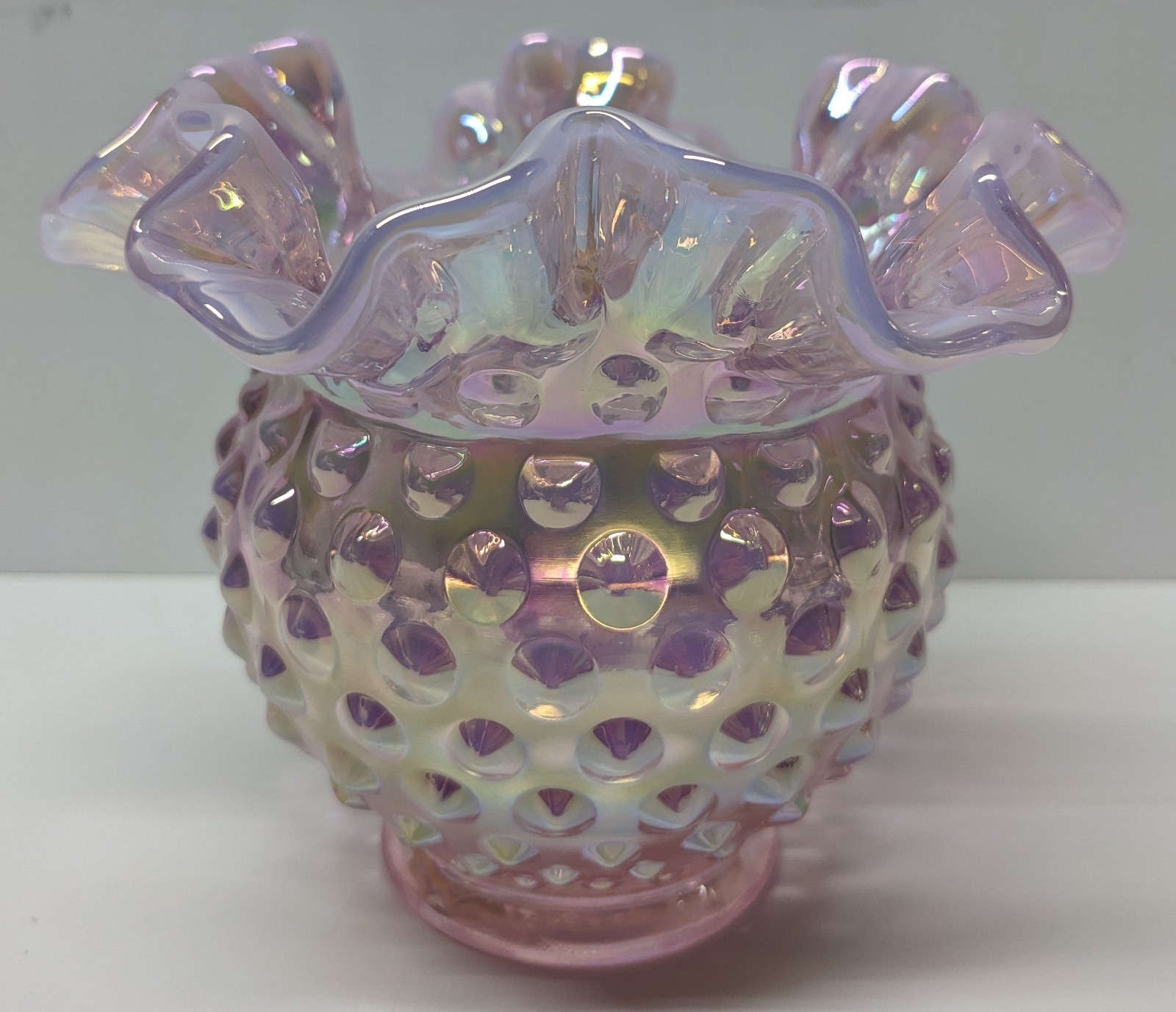 VTG Fenton Art Glass Hobnail Rose Bowl Vase Ruffled Pink Iridescent Opalescent