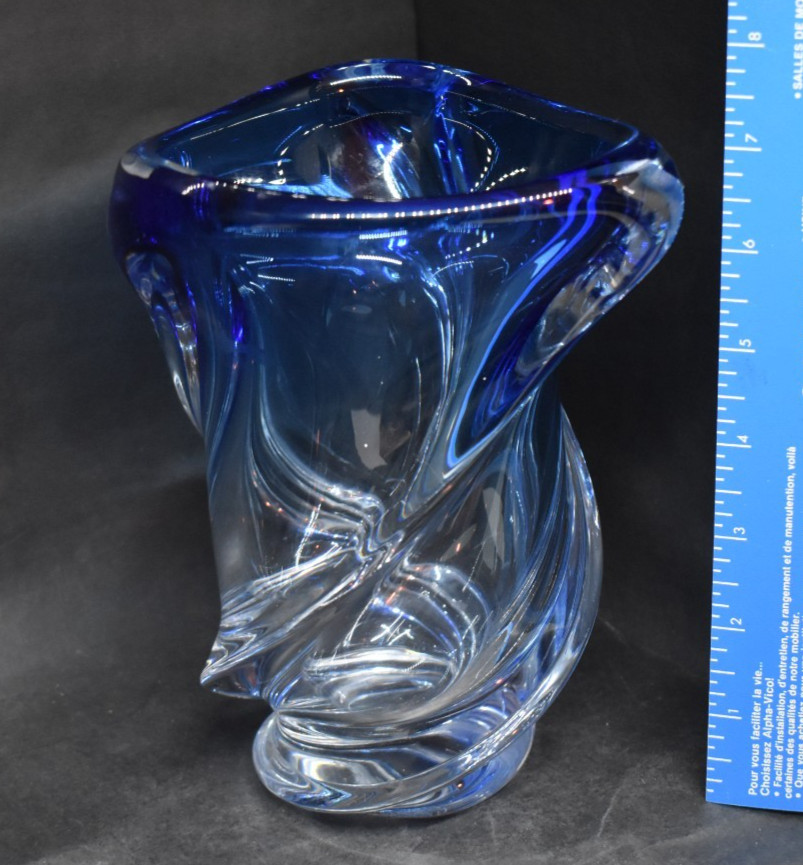 Val St. Lambert Signed Blue Art Glass Vase Twisted Rene Delvenne Crystal 1950s