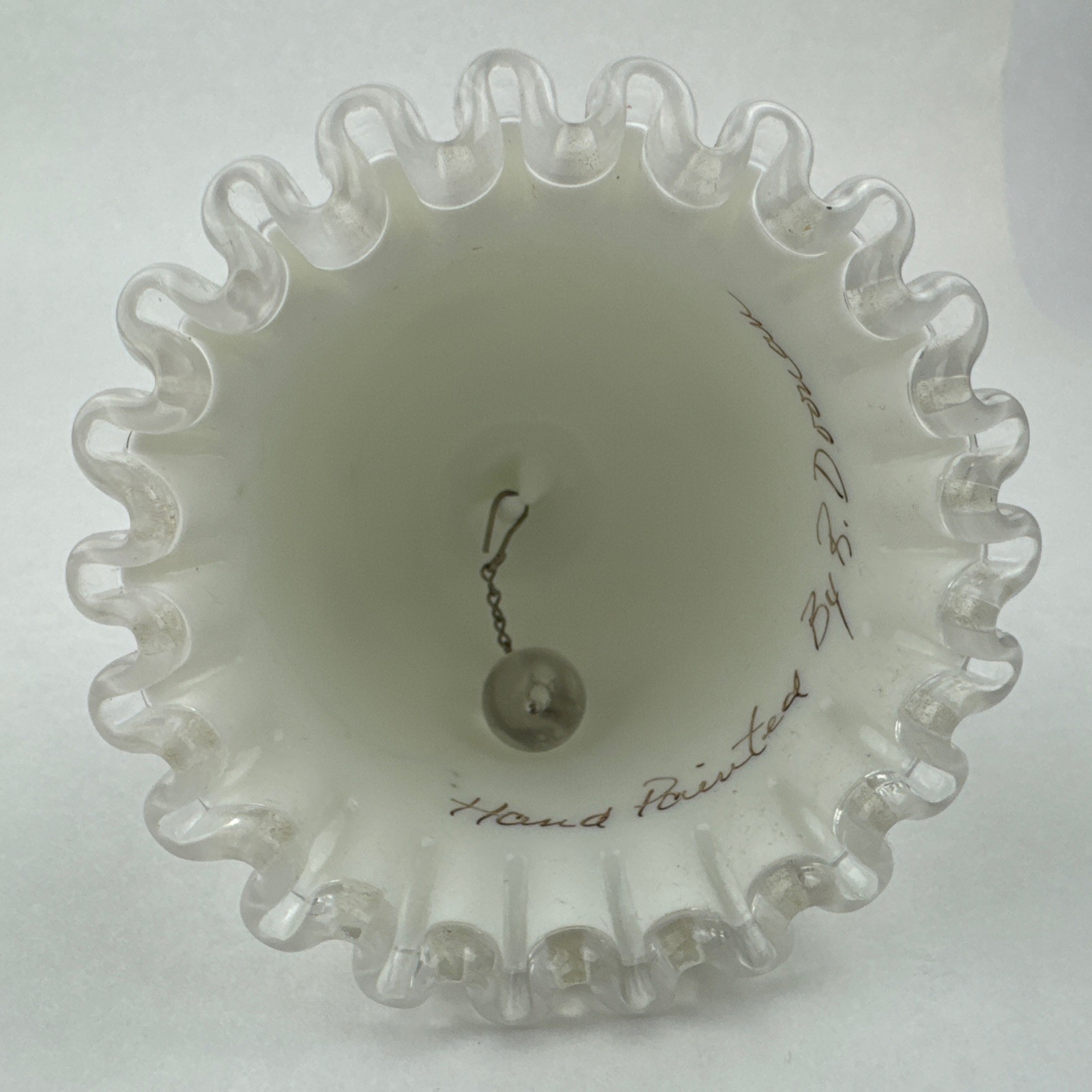 Fenton Silver Crest Violets in Snow on Spanish Lace Bell Artist Signed Vintage