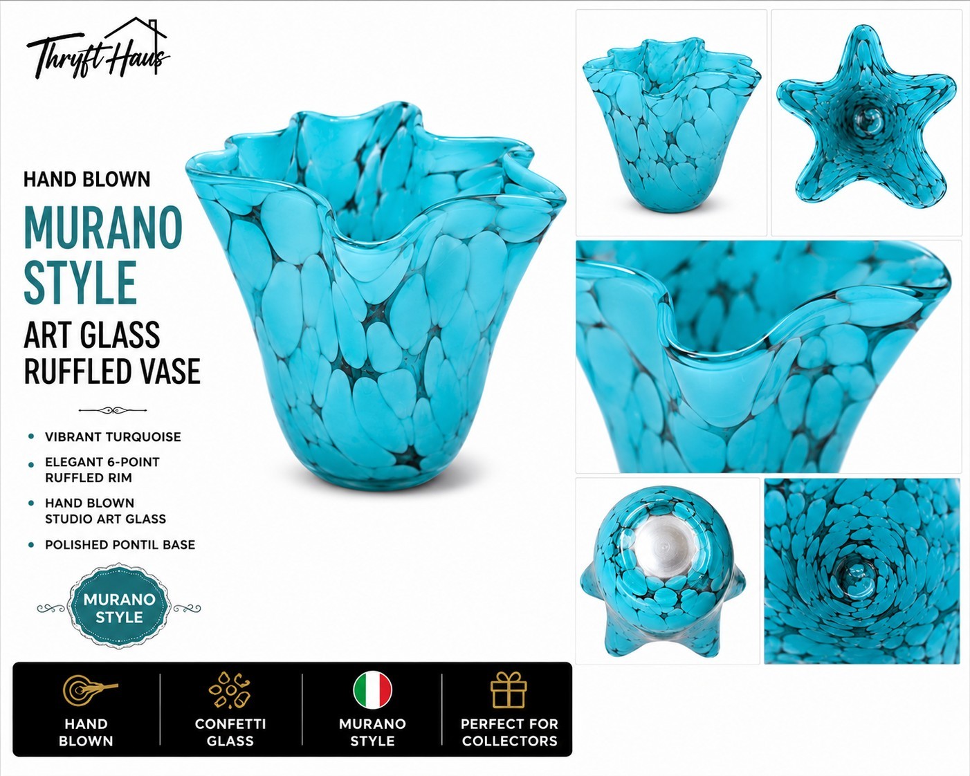 Hand Blown Murano Style Art Glass Ruffled Vase Aqua Studio…