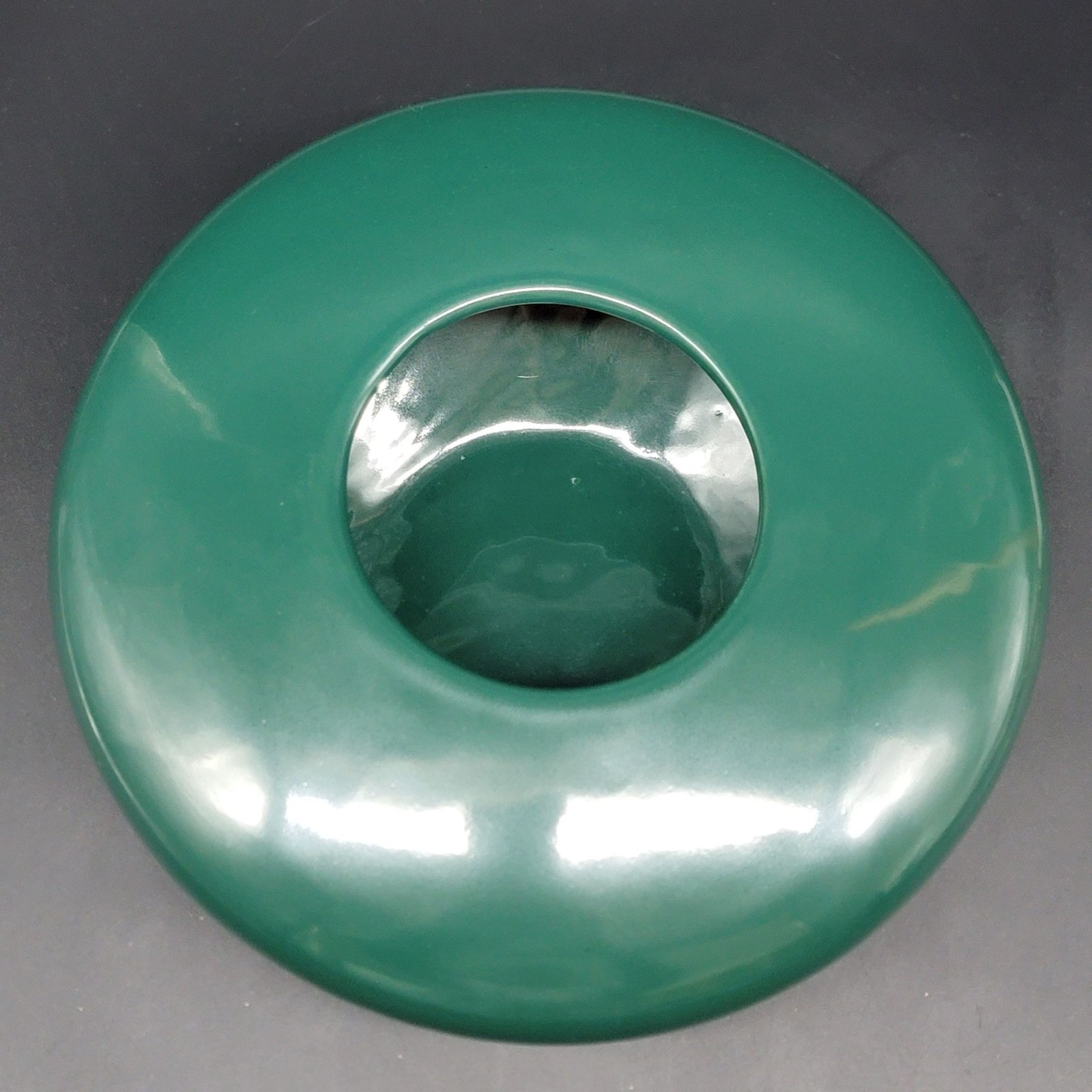 Vintage Haeger Floral Pottery Flat Vase Deep Forest Green Glossy Squat 3.5″x10″