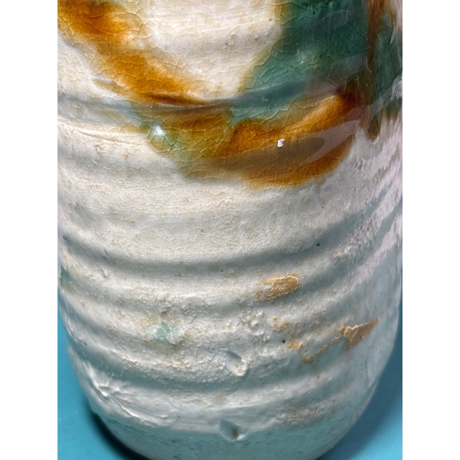 Japanese Stoneware Pottery Ribbed Cylinder Vase Crackle Glaze Amber Green Cream