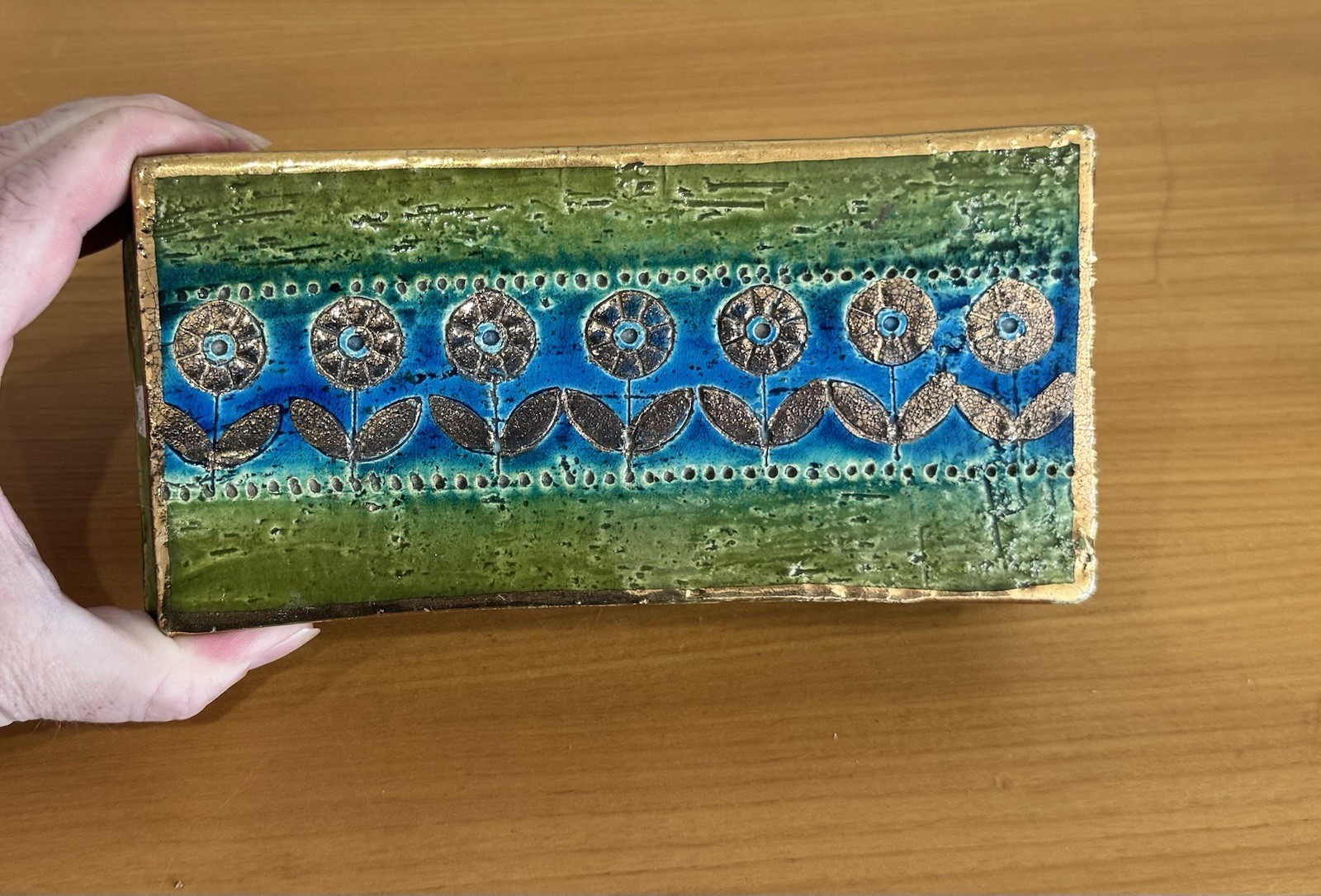 Vintage Bitossi Italy Covered Box 64/10B Green Blue Gold Floral Cigarette MCM