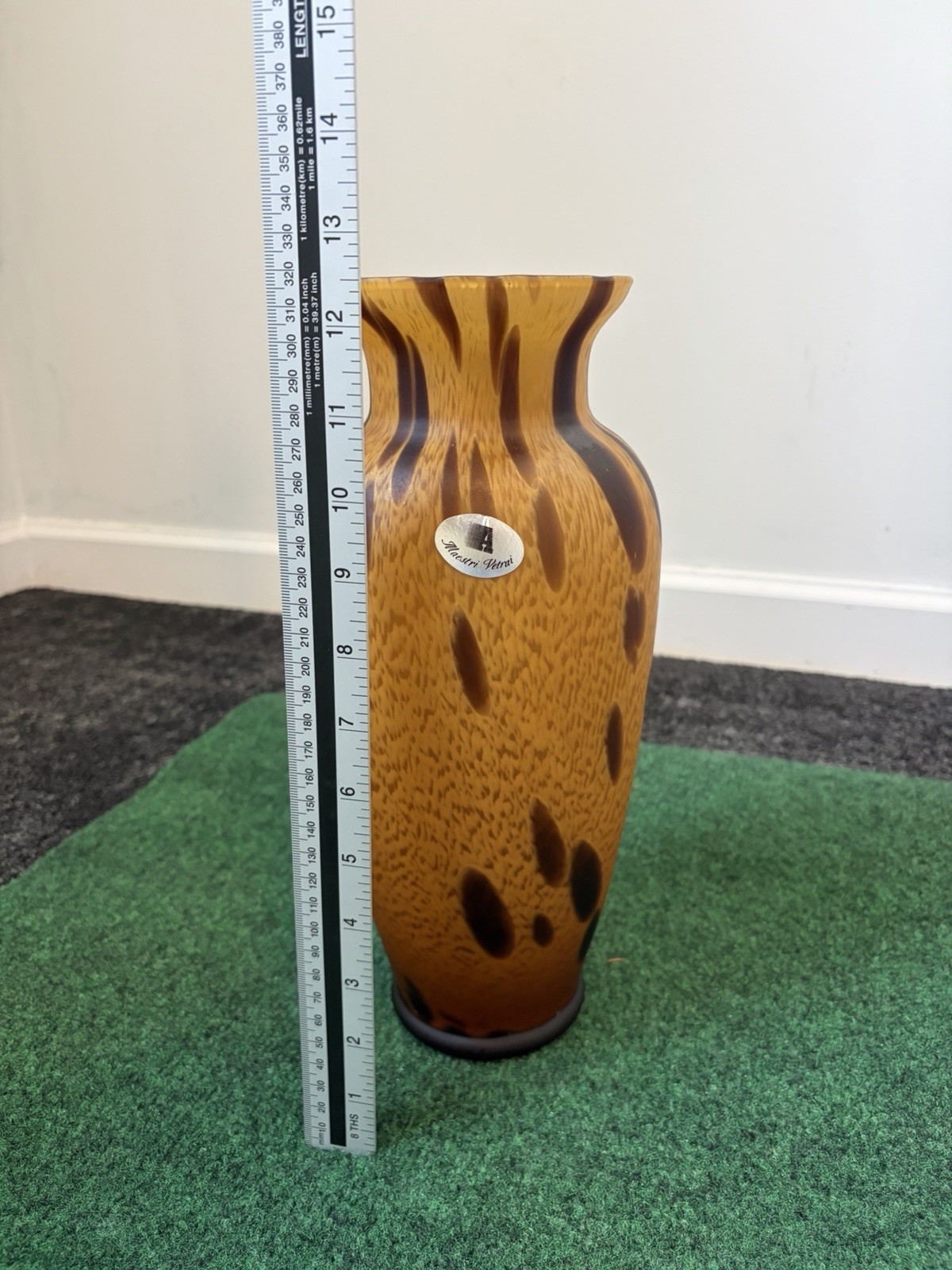 Maestri Vetri Italian Art Glass Amber Brown Spotted Decorative Vase 12 in