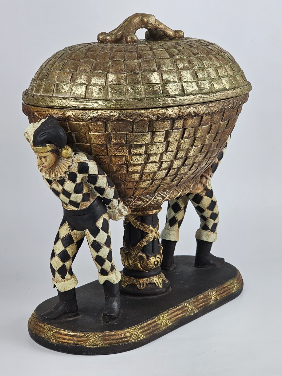 Vintage Harlequin Figural Ceramic Lidded Container Gold Trinket Basket Venetian