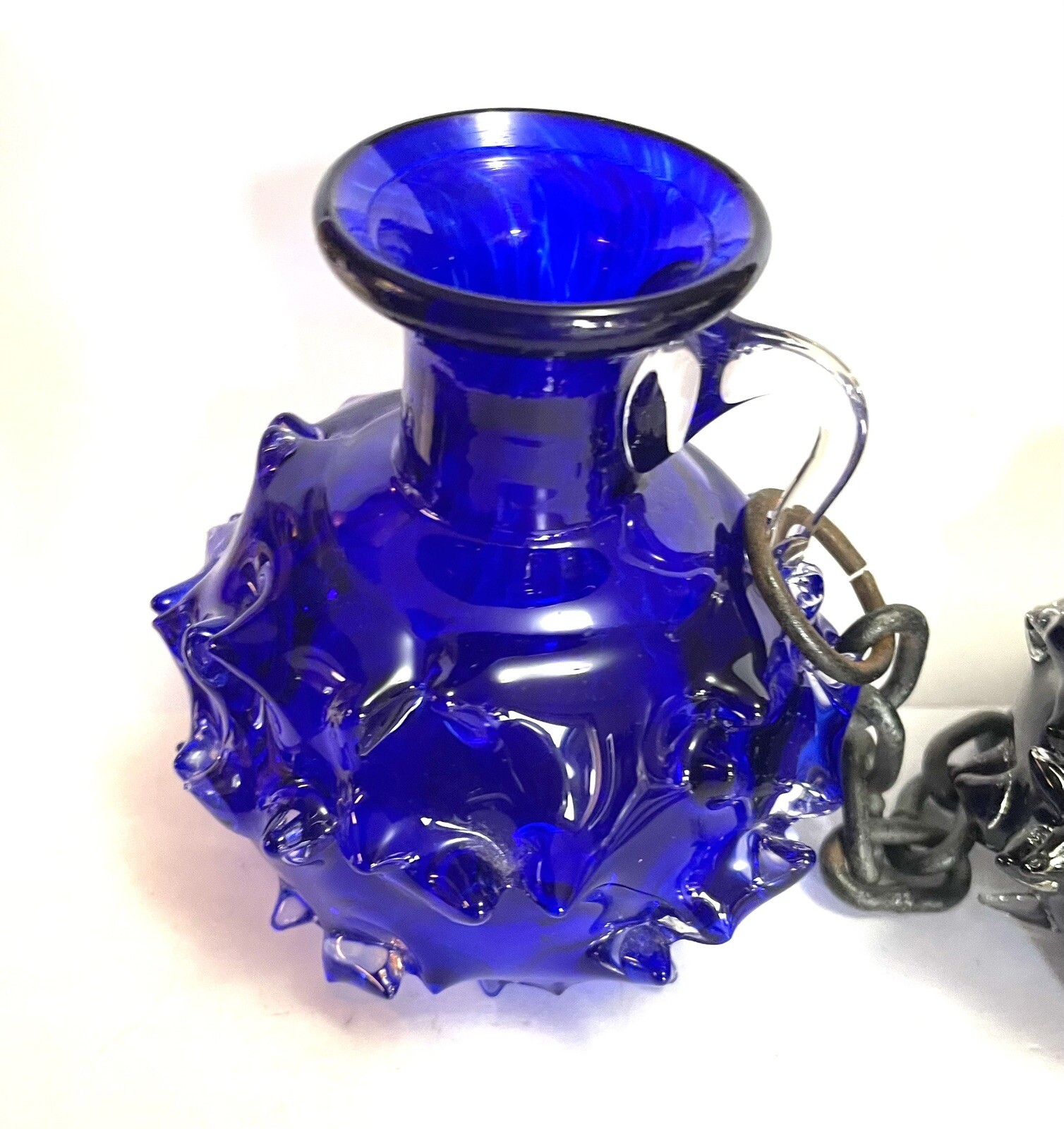 Spiked Blown Glass Double Vase Chain Cobalt Blue Black SIGNED Blown Unique *READ