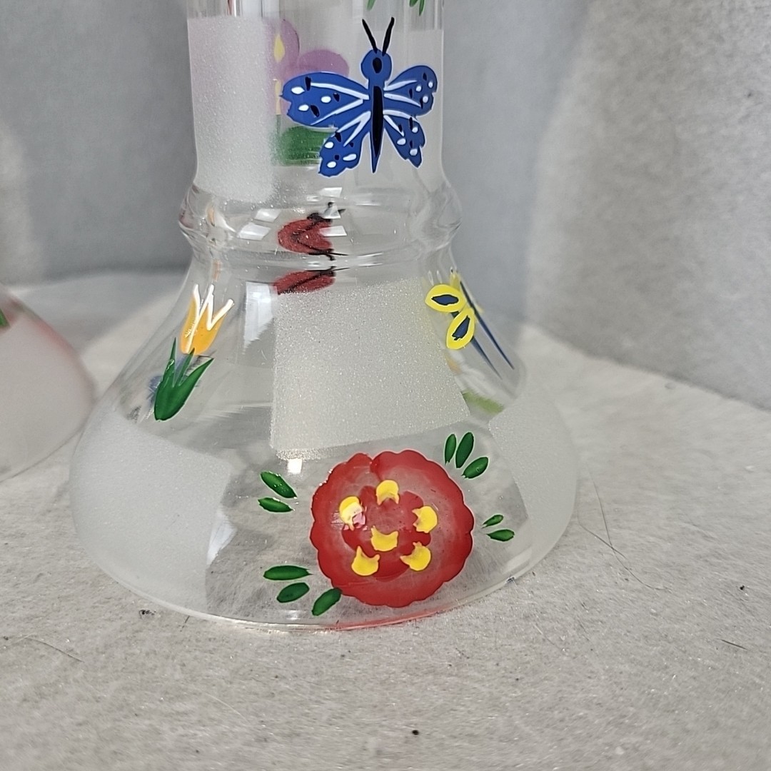 2 Lenox Candle Holders Glass Nature’s Splendor Hand Painted Bees Flowers bug