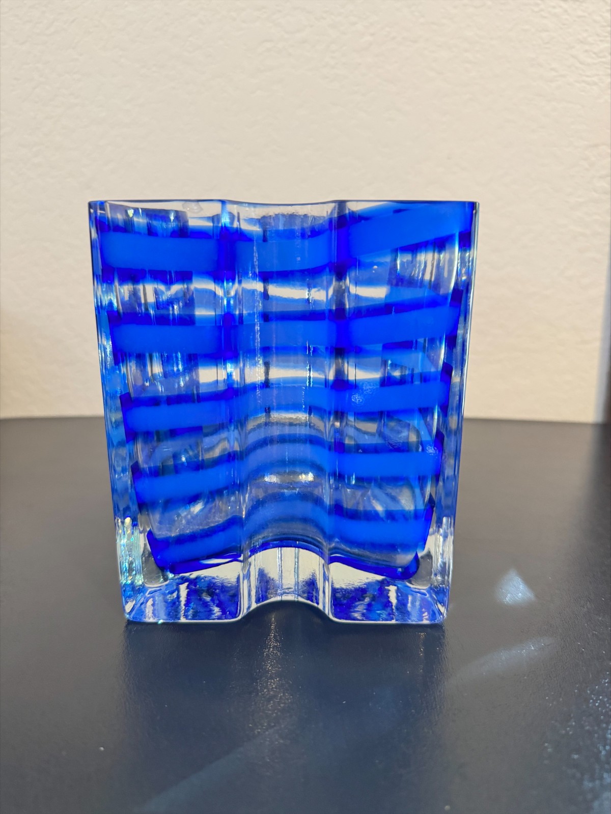 4.8lb Murano Style Cobalt Blue & Clear Art Glass Vase Thick Layered Modern Heavy