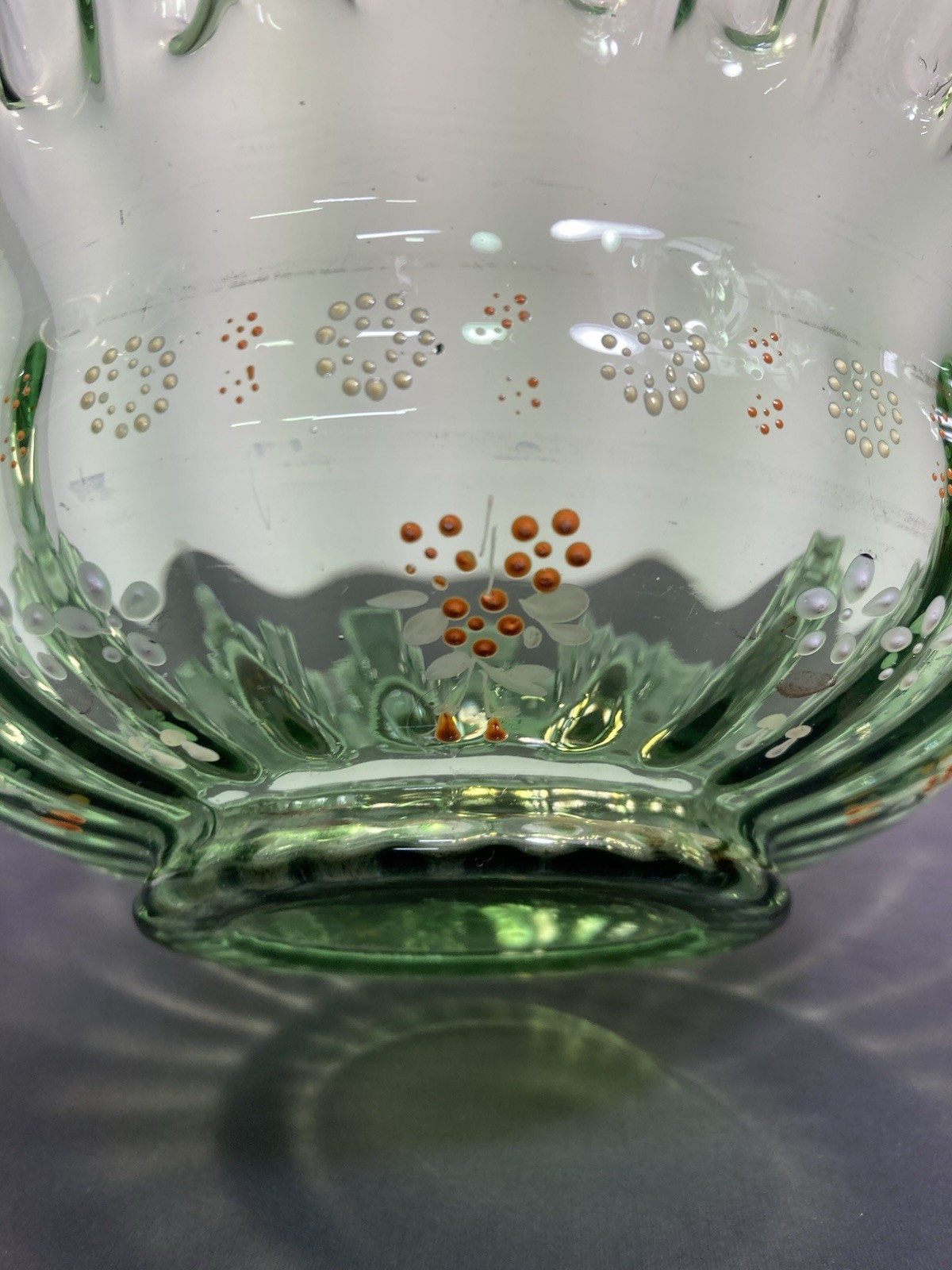 Victorian Brides Bowl/Green With Metal Stand & Enameled Flowers & Ruffled Edges