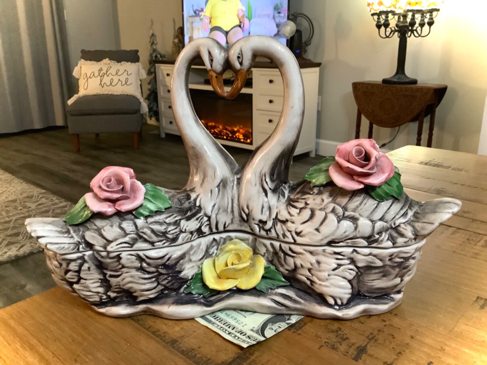 RARE VINTAGE 1950s CAPODIMONTE ITALY DOUBLE SWANS TRINKET BOX COOKIE JAR