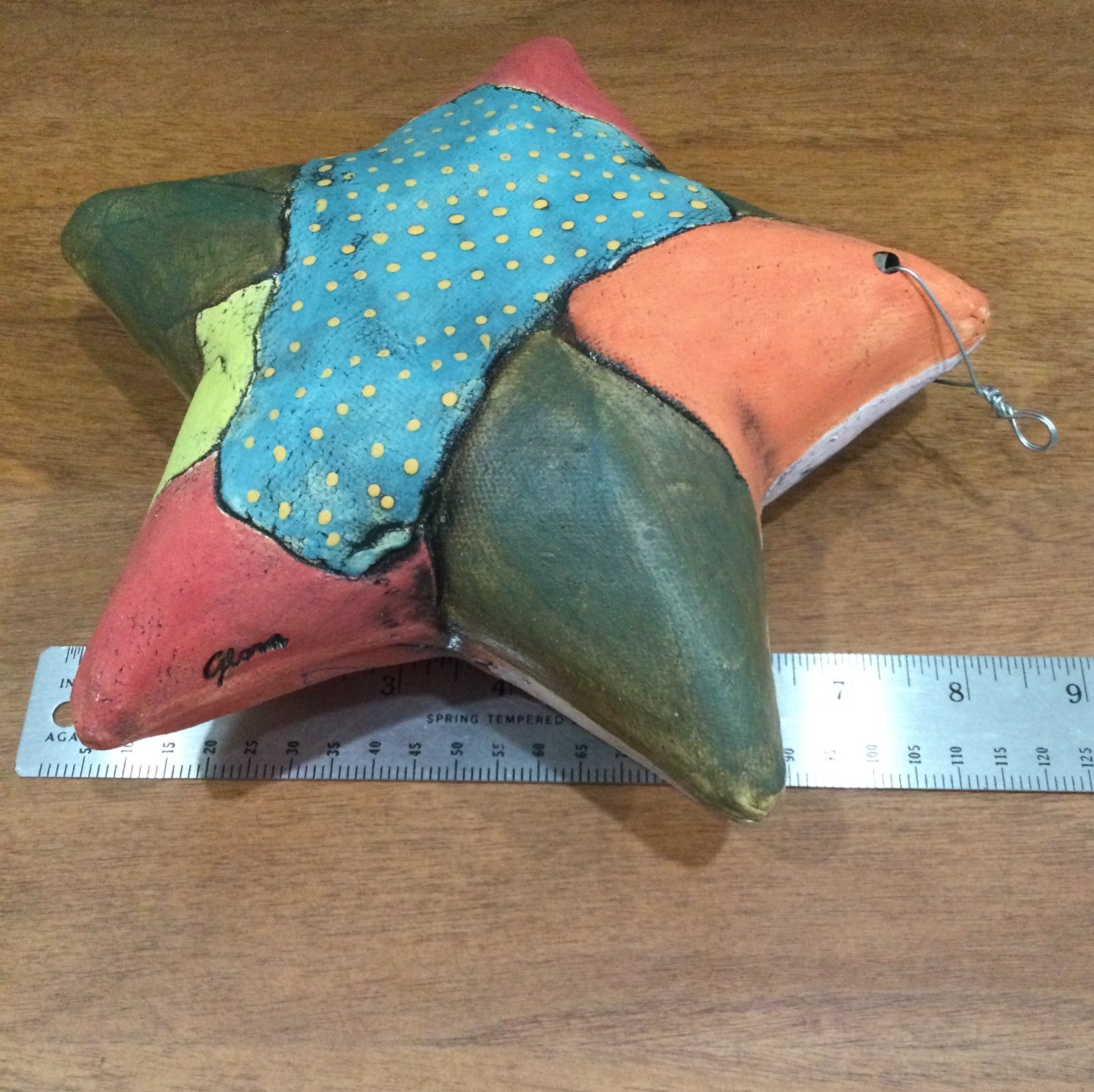 Hanging Handmade Clay Pottery STAR Sign by Artist Glora, Patchwork-Style