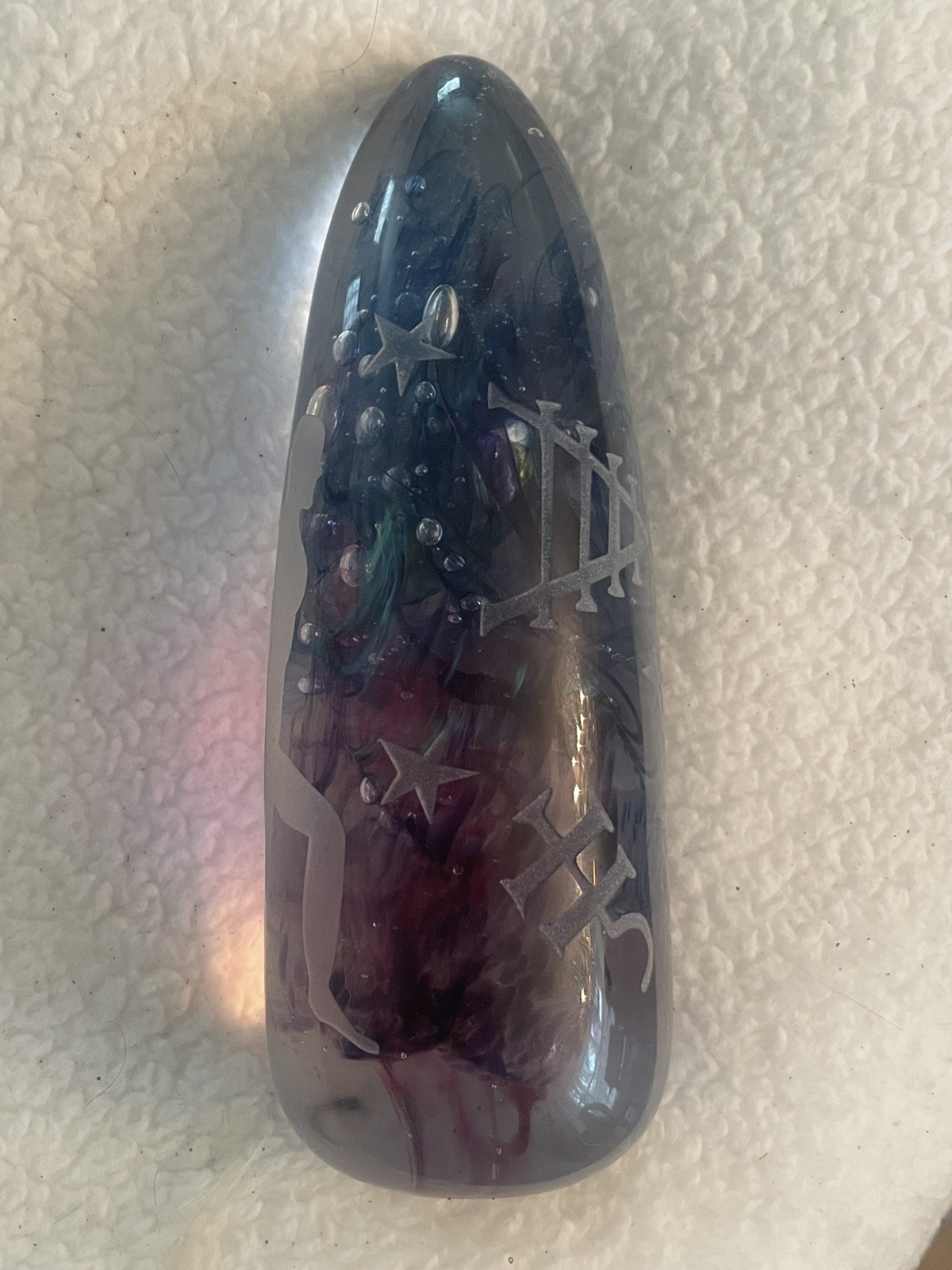Lg Unusual Rare Duncan McClellan Art Glass Paperweight Etched Man Stars Symbols