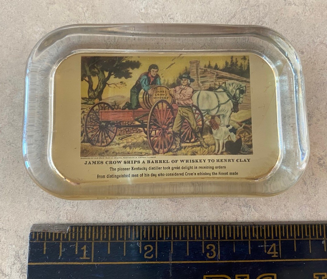 VTG Antique Glass Pioneer James OLD CROW Barrel WHISKEY Paperweight Advertising
