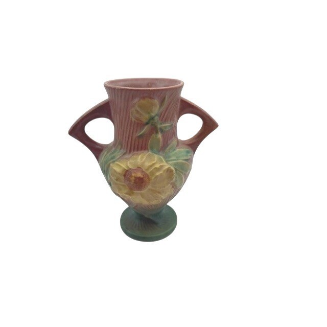 Roseville Peony Vase 168-6 Sienna Brown Yellow Floral Double Handle Art Pottery