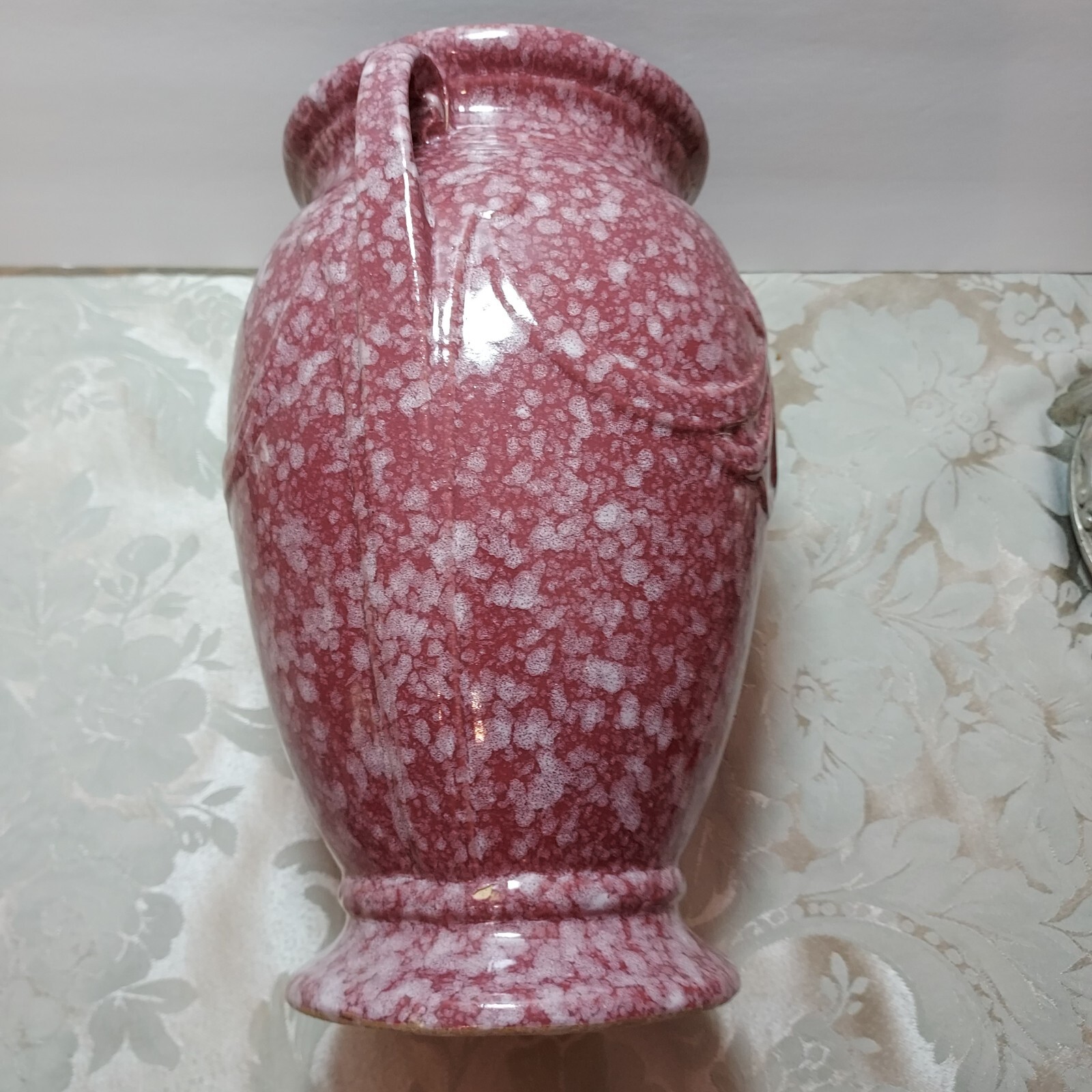 Robinson Ransbottom Spongeware Pink Marbled 2 Handled Vase READ