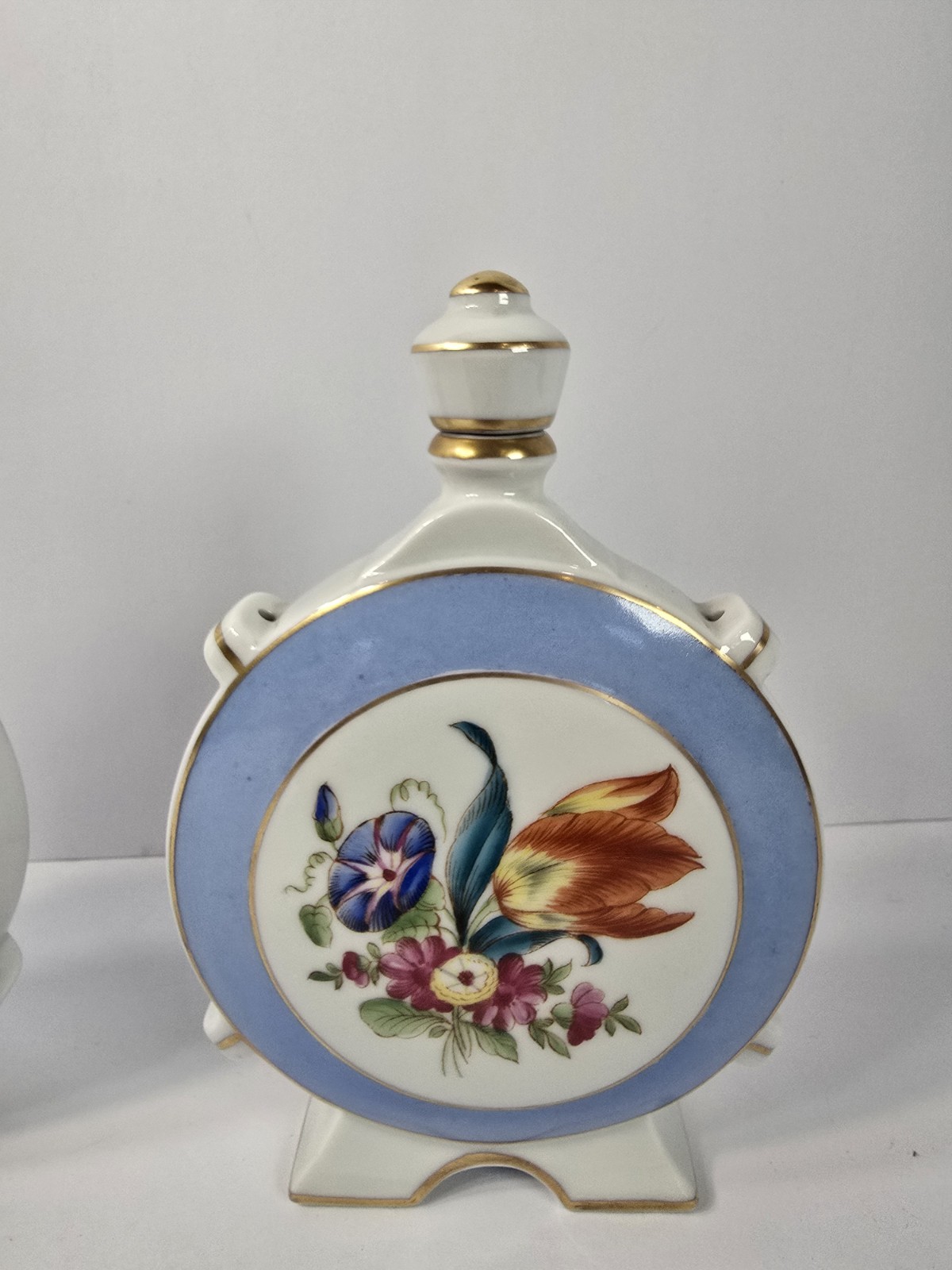Herend Hungary 1839-1939 Moon Flask Vase Pair Blue Floral Gold Trim