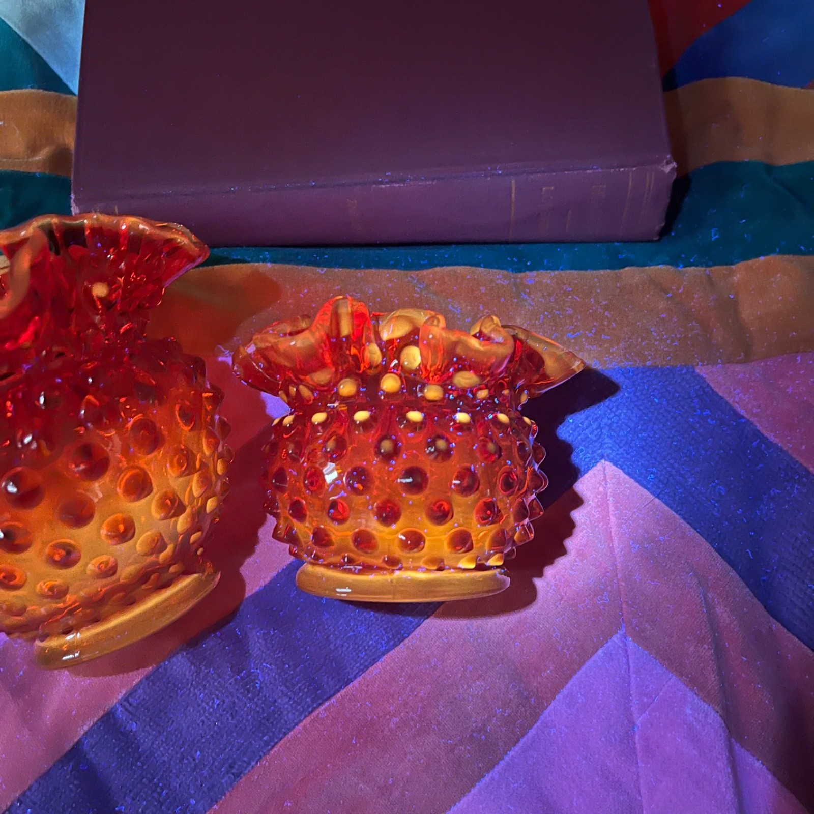 Lot of 2 Vintage Fenton Amberina Hobnail Glass Bowl Vase Ruffled Cadmium UV Glow